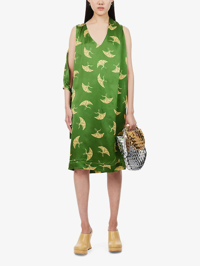 Dries Van Noten Crane Bird-print V-neck relaxed-fit silk midi dress outlook