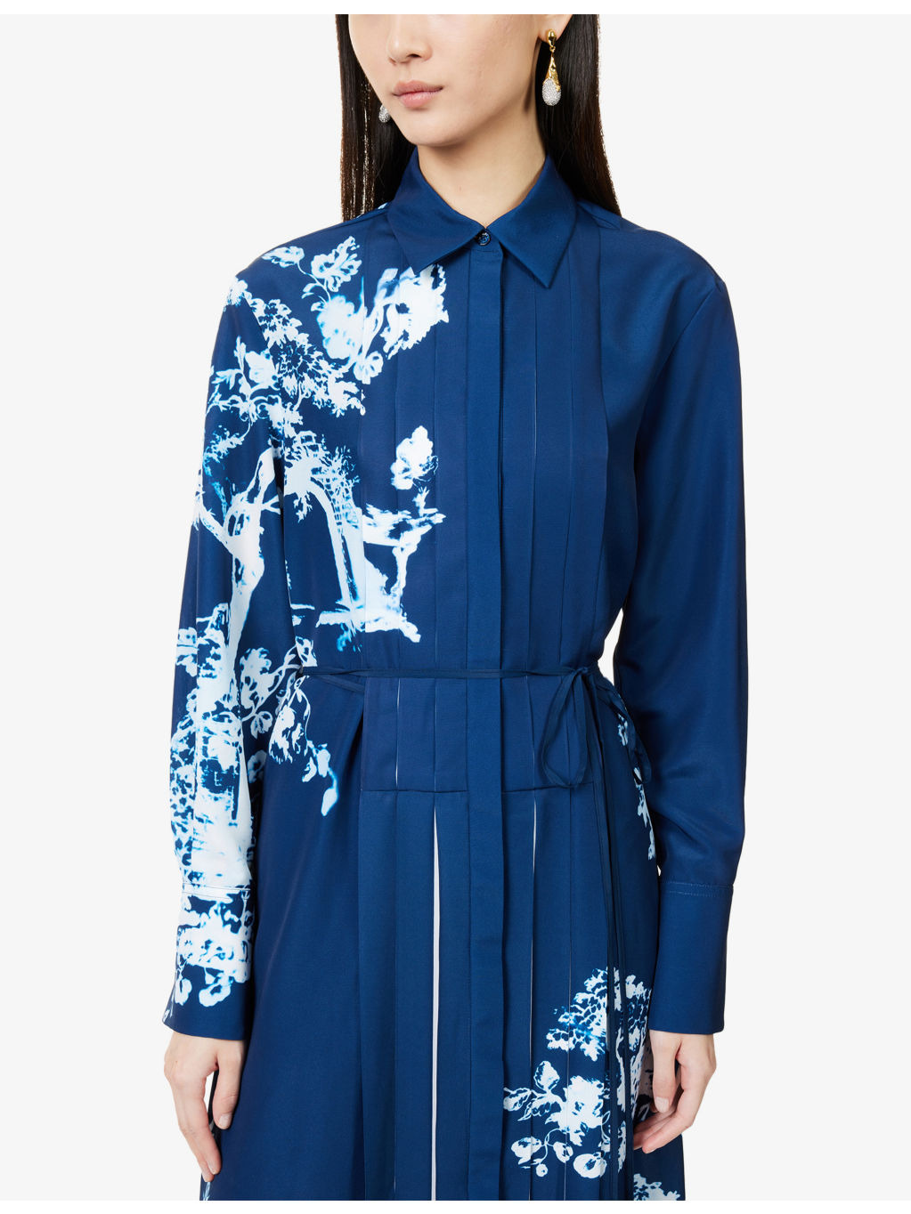 Long-Sleeve Floral-Print Crepe-du-Chine Midi Shirt Dress - 5
