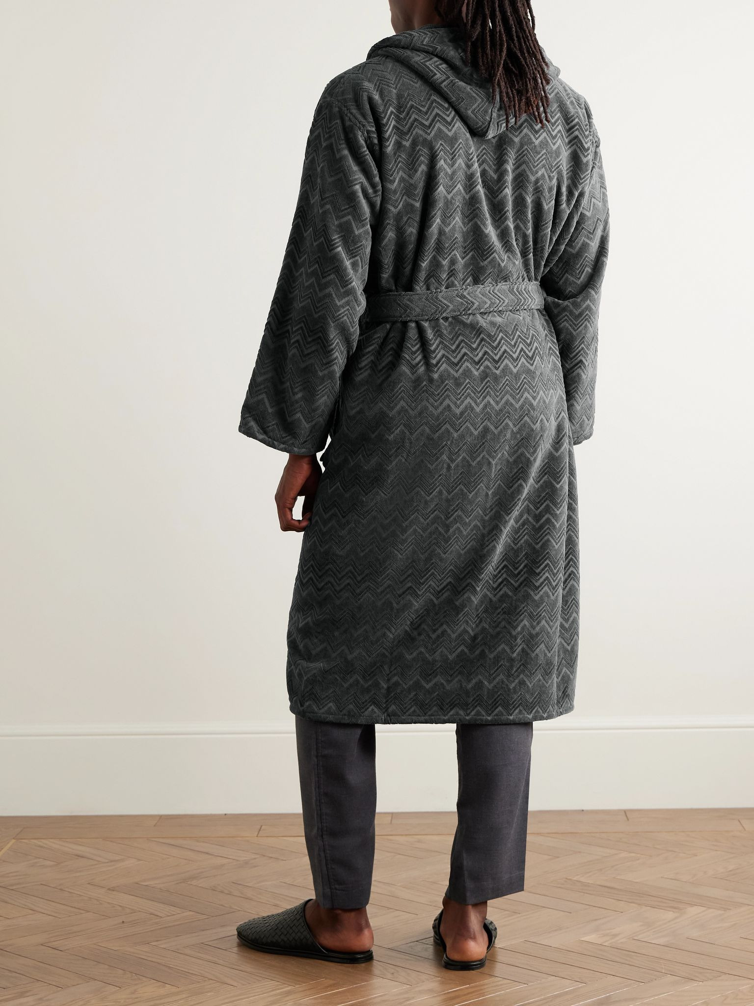 Chalk Striped Cotton-Terry Jacquard Hooded Robe Gray - 3