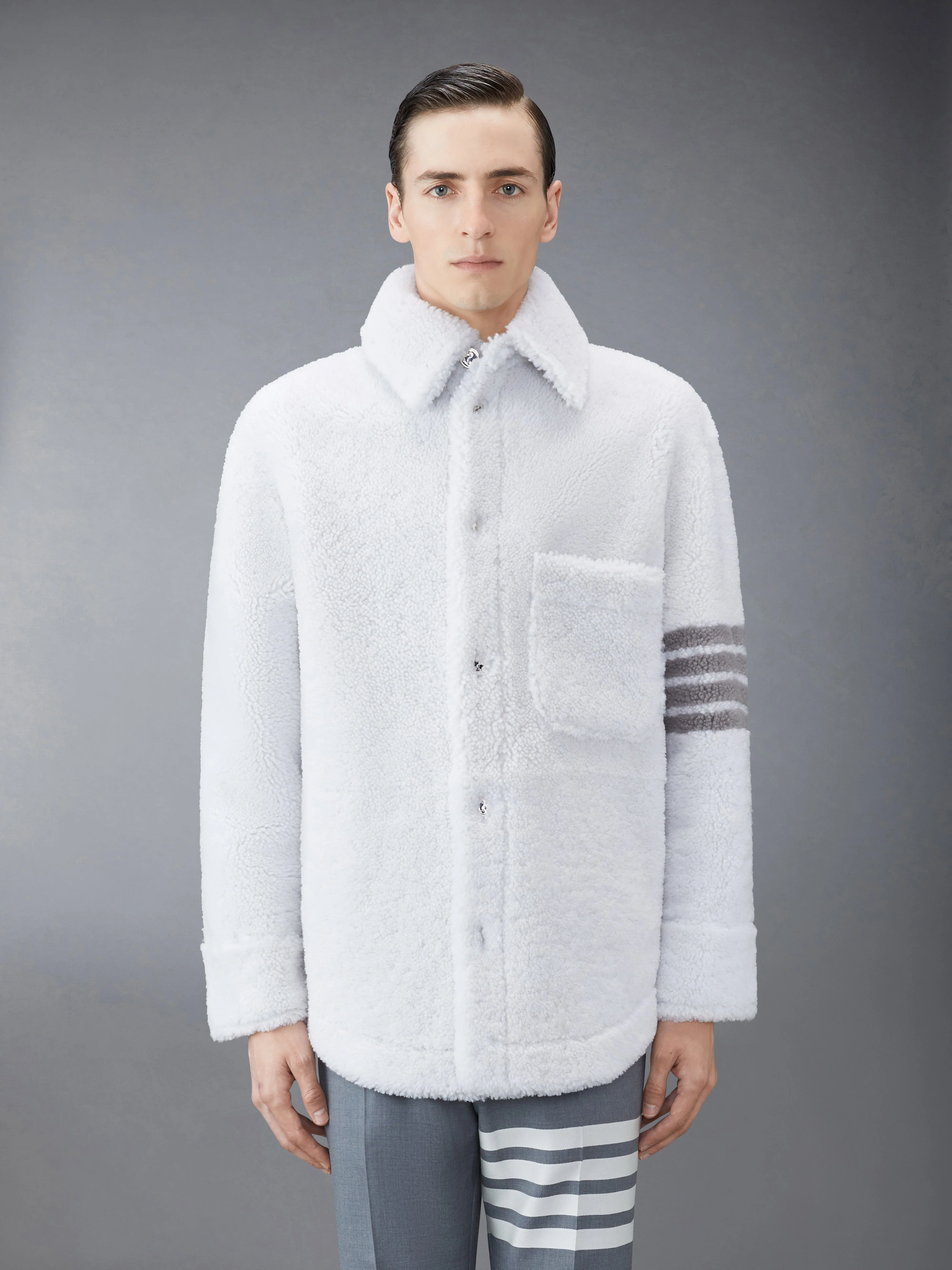 White Dyed Shearling 4-Bar Oversized Shirt Jacket - 1