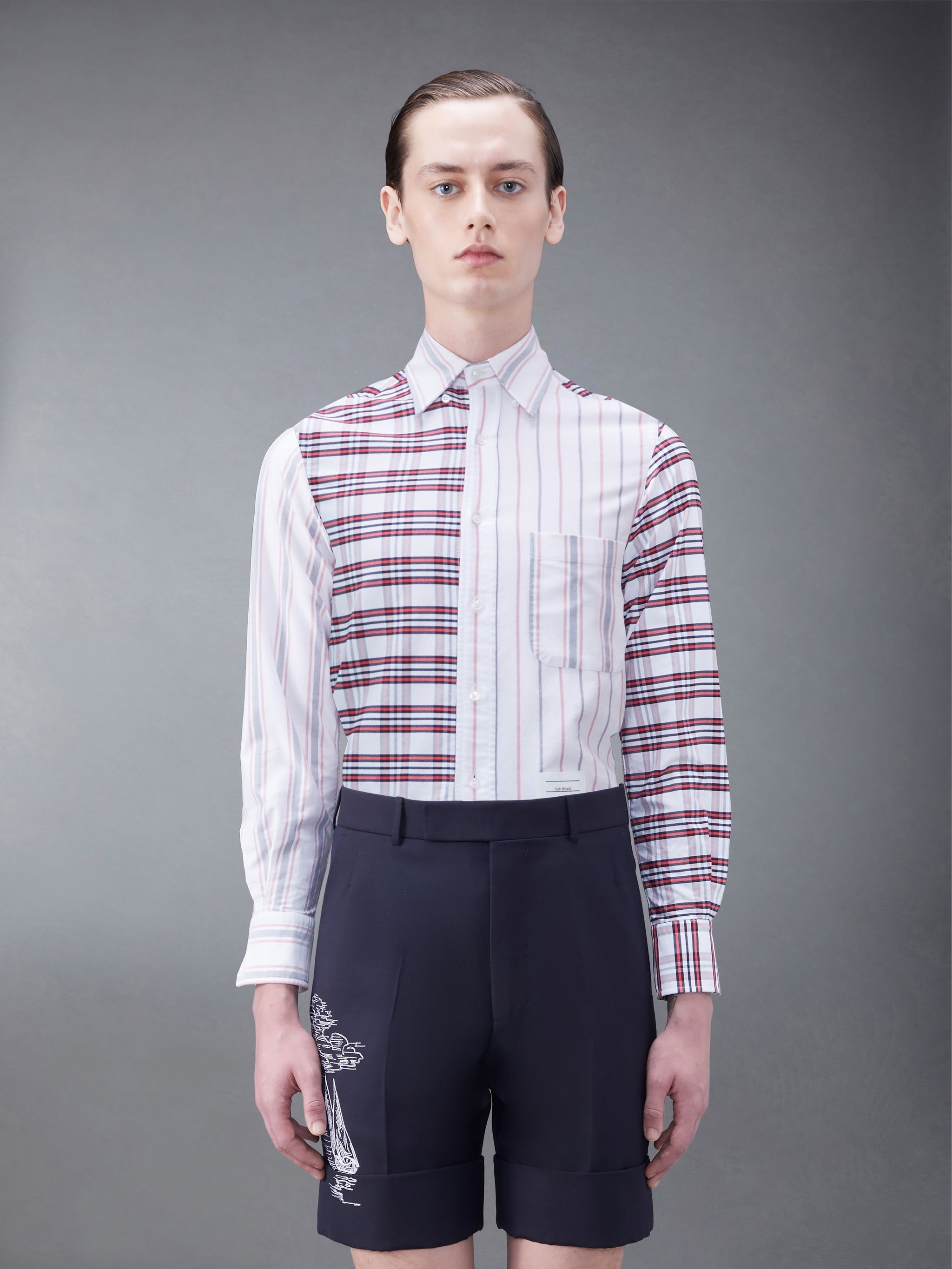 Fun-Mix Tattersall Stripe Oxford Round Hem Shirt - 1