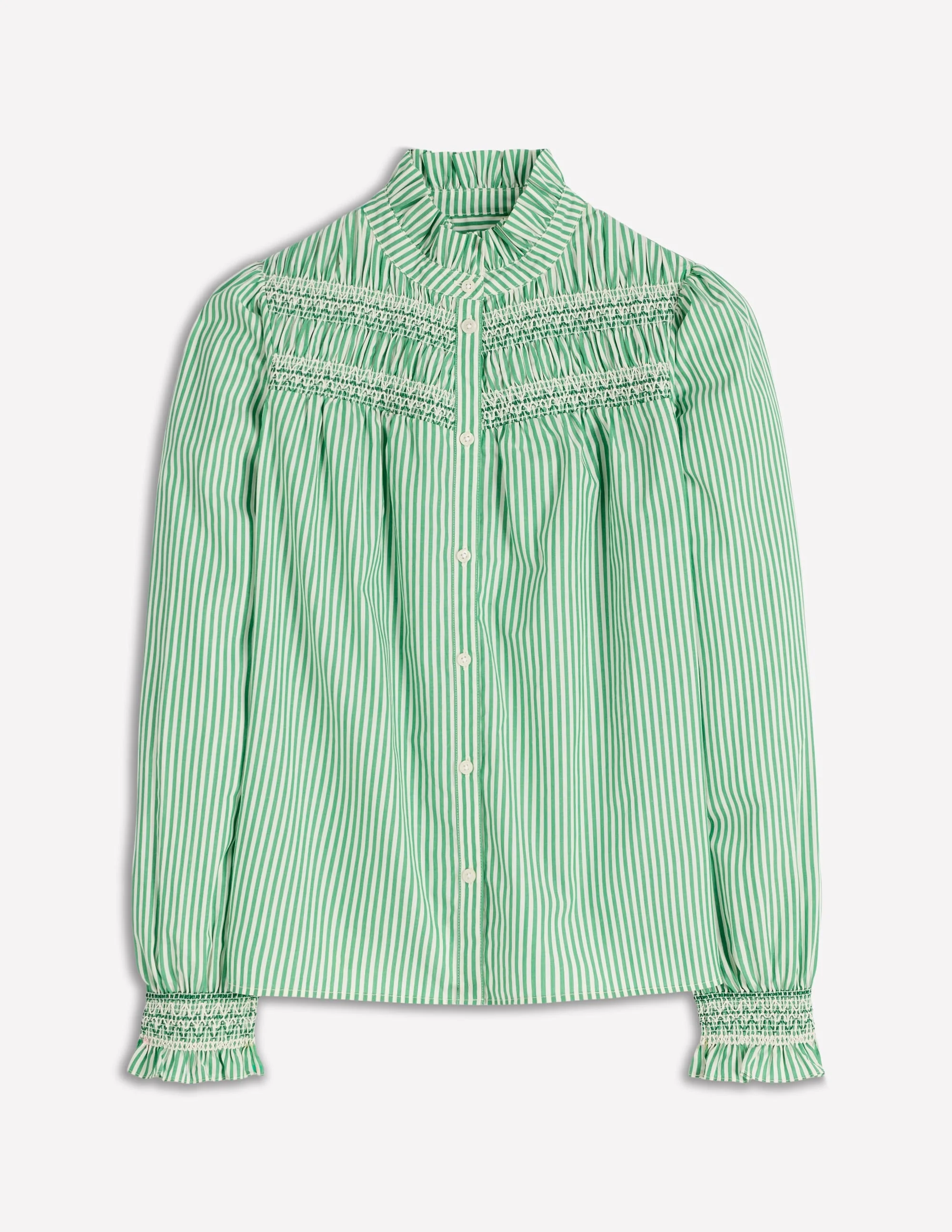 Esme Smocked Detail Frill Top-Highland Green, Ivory Stripe - 1
