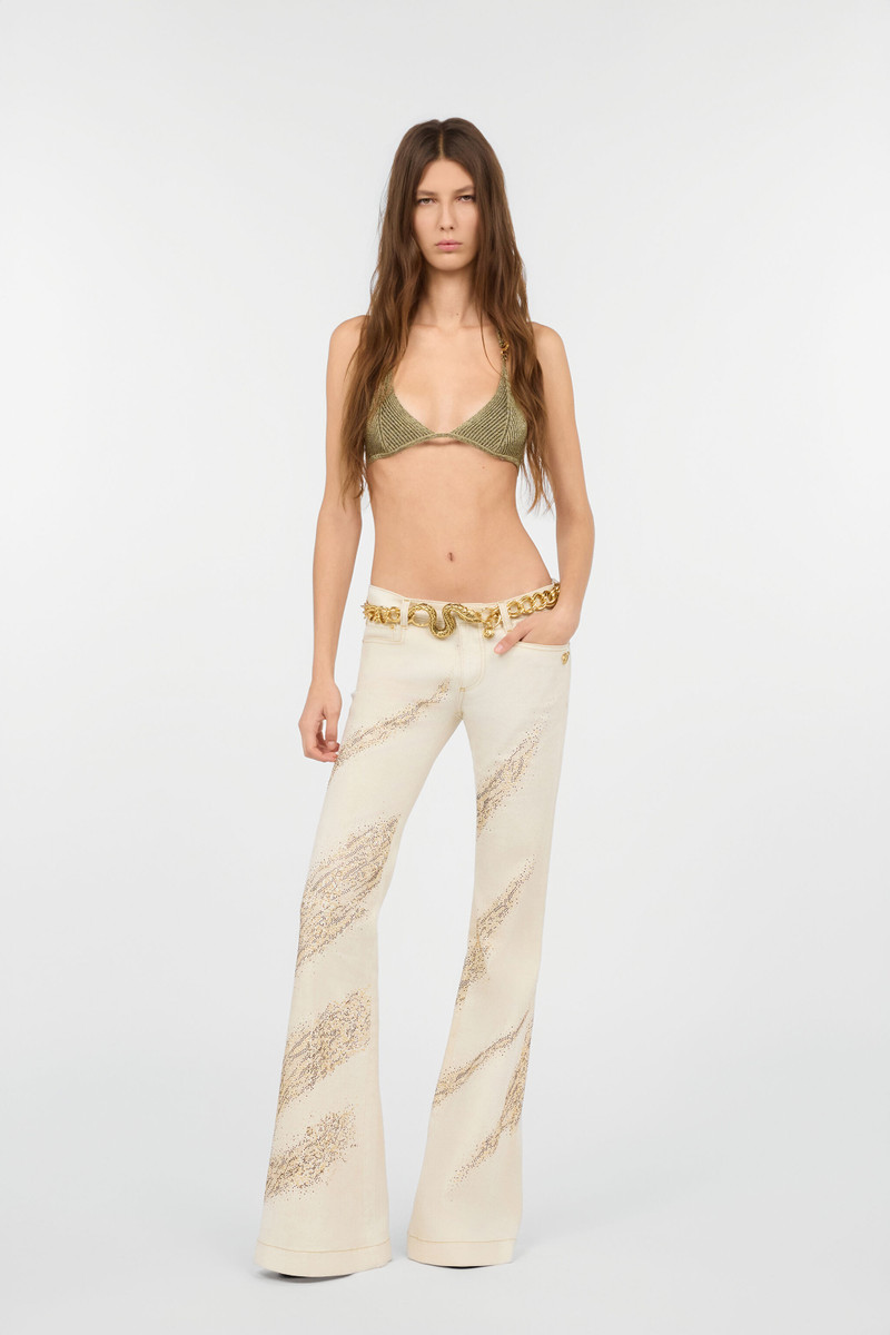Roberto Cavalli Ivory flared jeans with gold animal-print detailing outlook