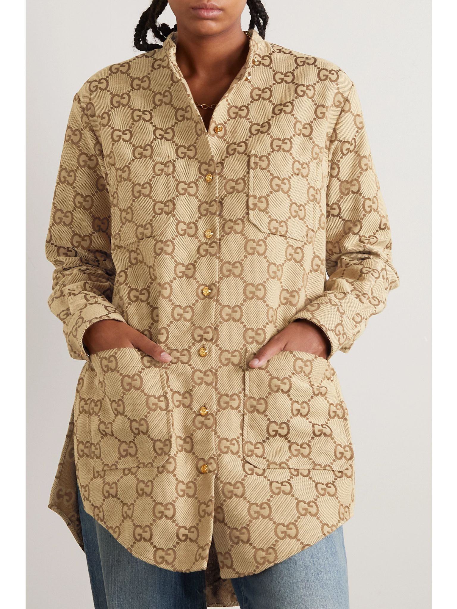Cotton-blend canvas-jacquard shirt Camel - 3