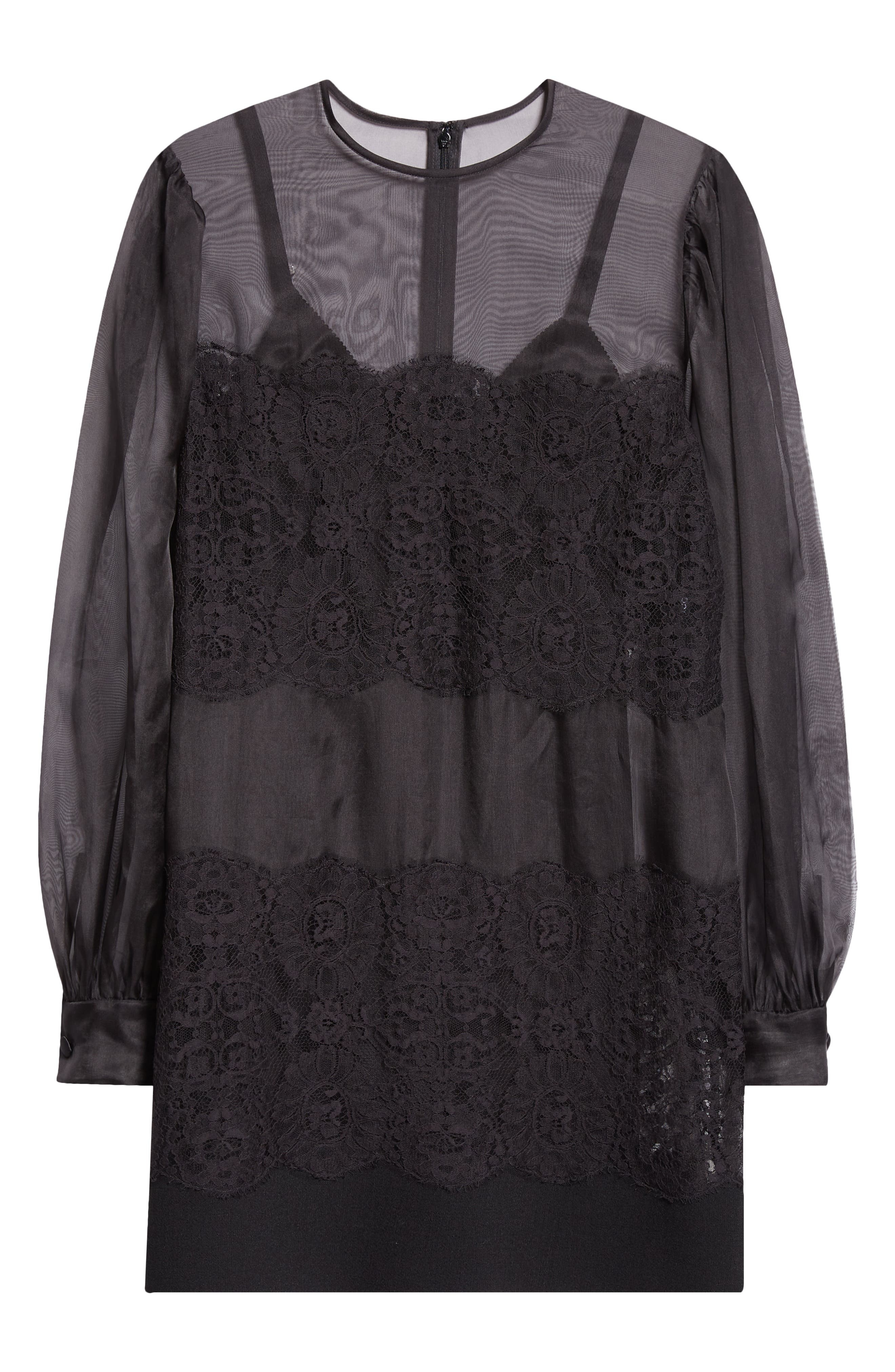 Dolce&Gabbana Lace Paneled Long Sleeve Sheer Silk Blend Organza Dress in N0000 Nero at Nordstrom - 5
