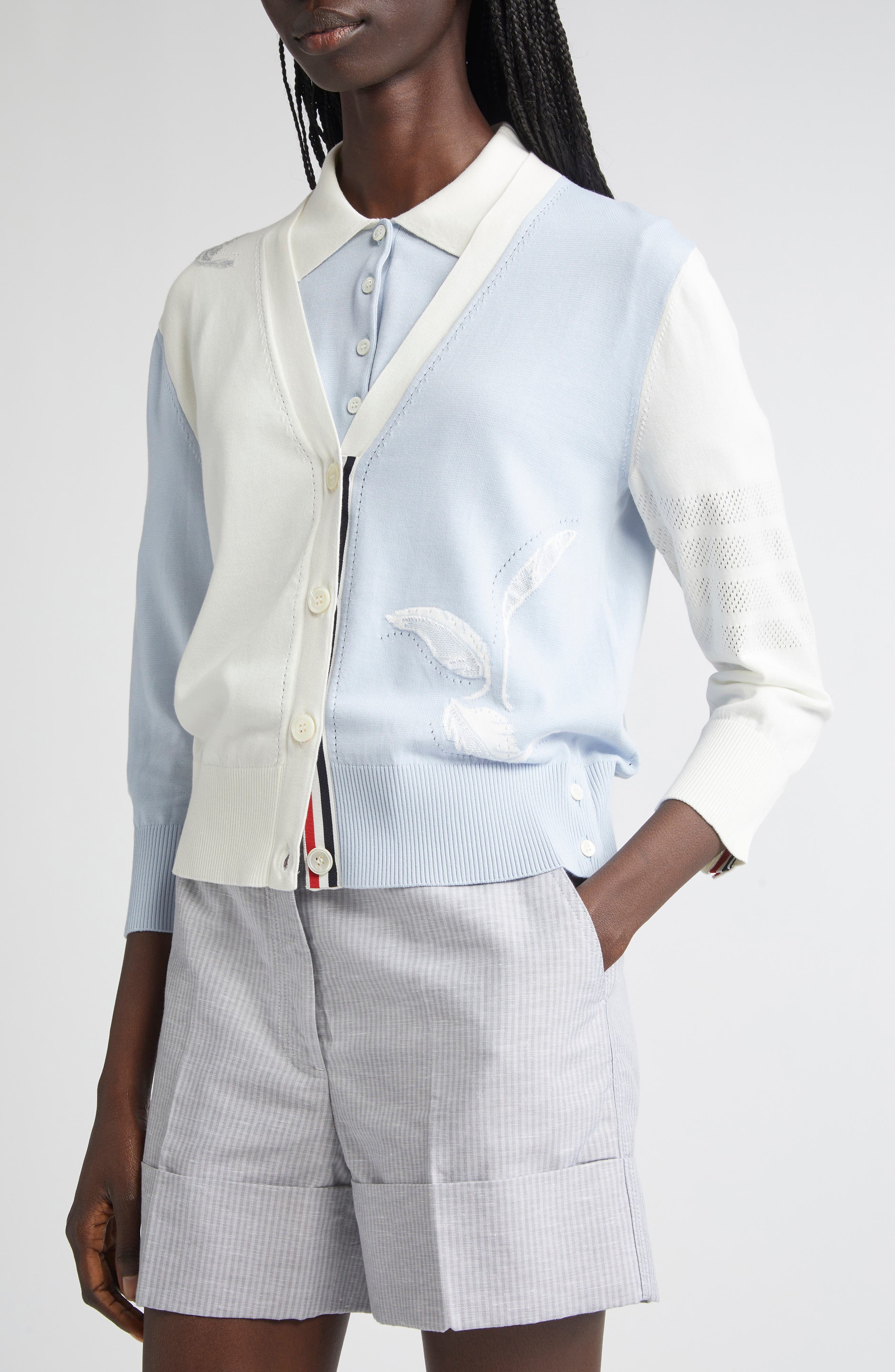 Thom Browne Fun-Mix 4-Bar Feather Intarsia Three Quarter Sleeve Cardigan in Light Blue at Nordstrom - 5