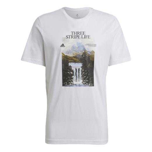 Men's adidas Snow Mountain Printing Sports Round Neck Short Sleeve White T-Shirt GN6851 - 1