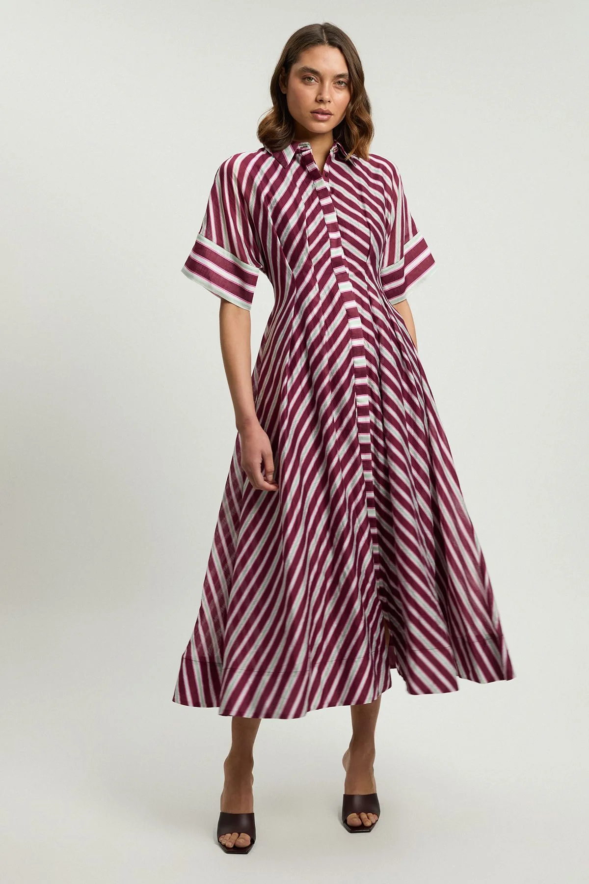 Stripe Collared Woven Midi Dress - 1