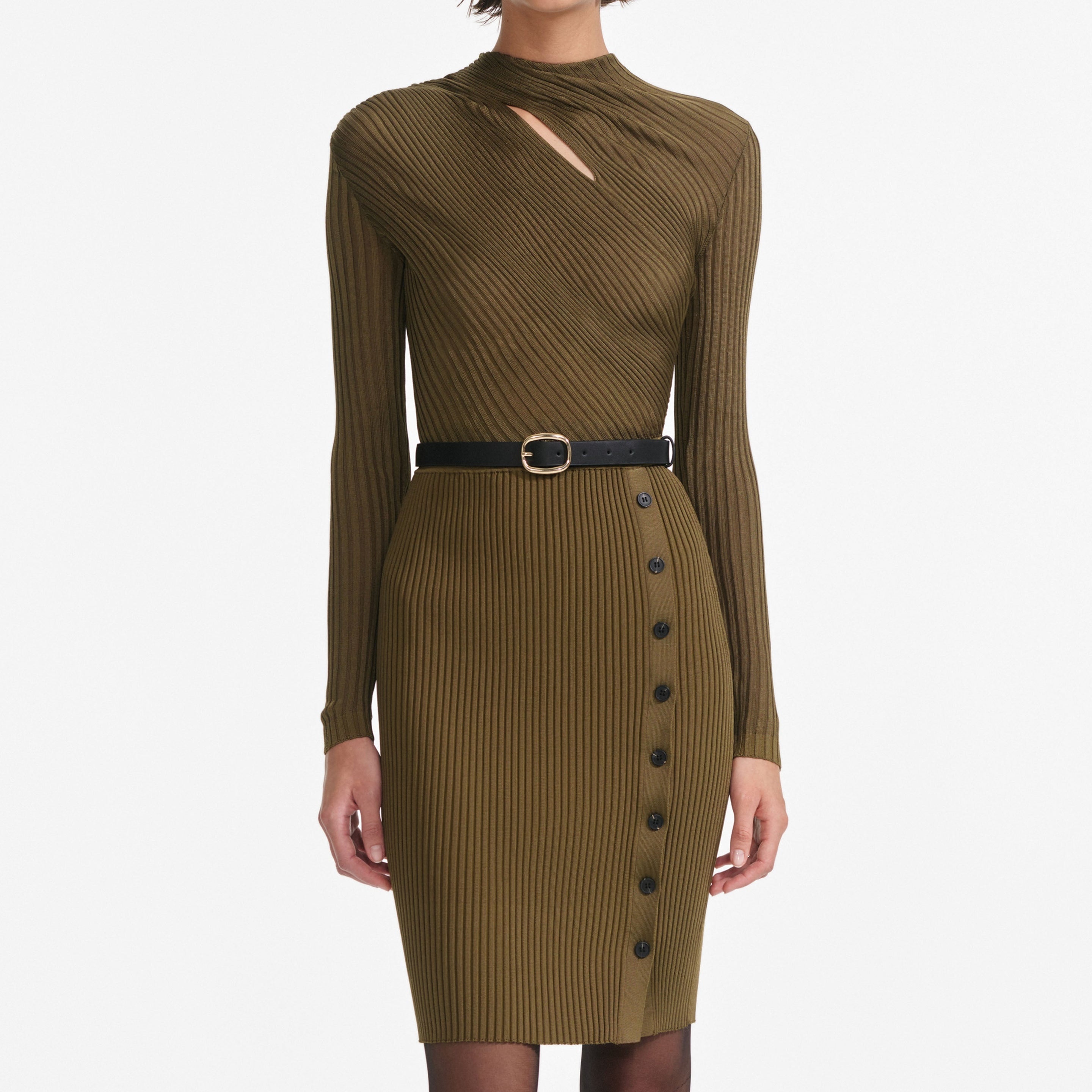 Khaki Cut Out Rib Knit Mini Dress - 4