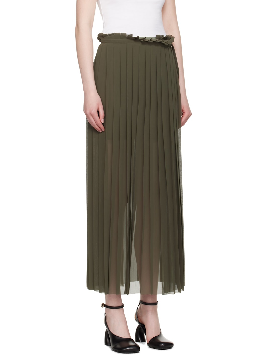 Khaki Pleated Midi Skirt - 2