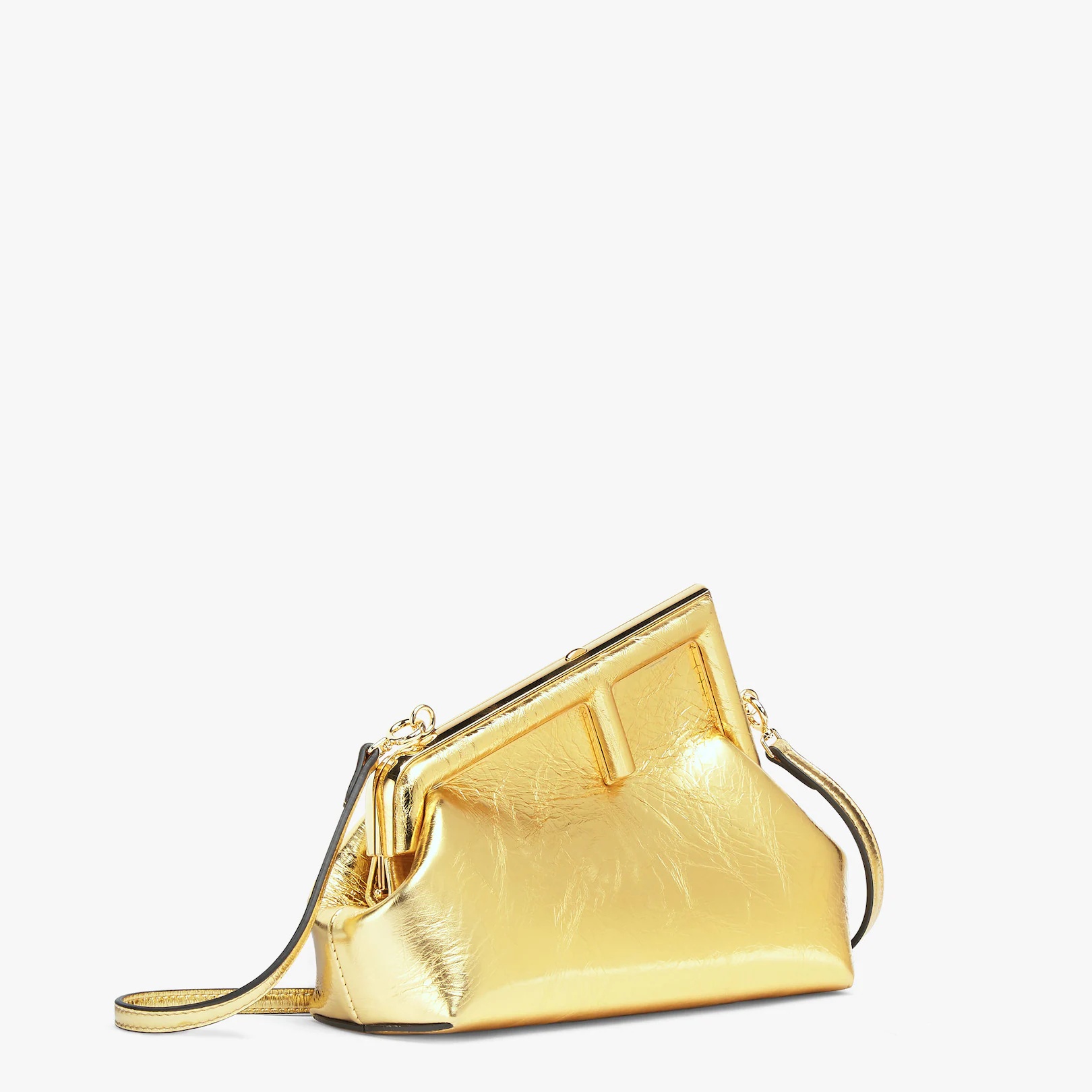 Small Fendi First bag in gold craquelé-effect laminated leather with an oversized F metal clasp with - 2