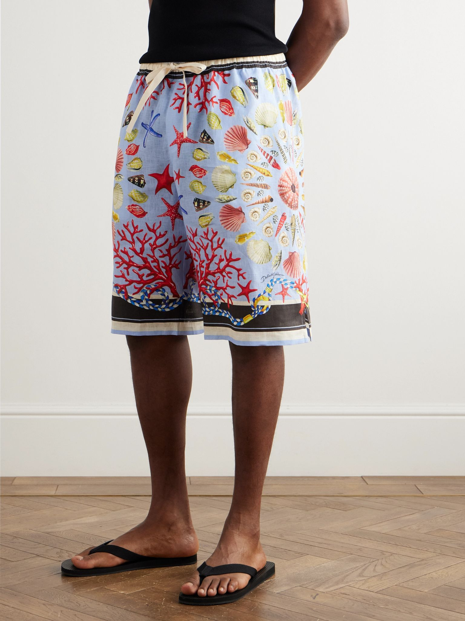 Printed Linen Straight-Leg Shorts Blue - 3