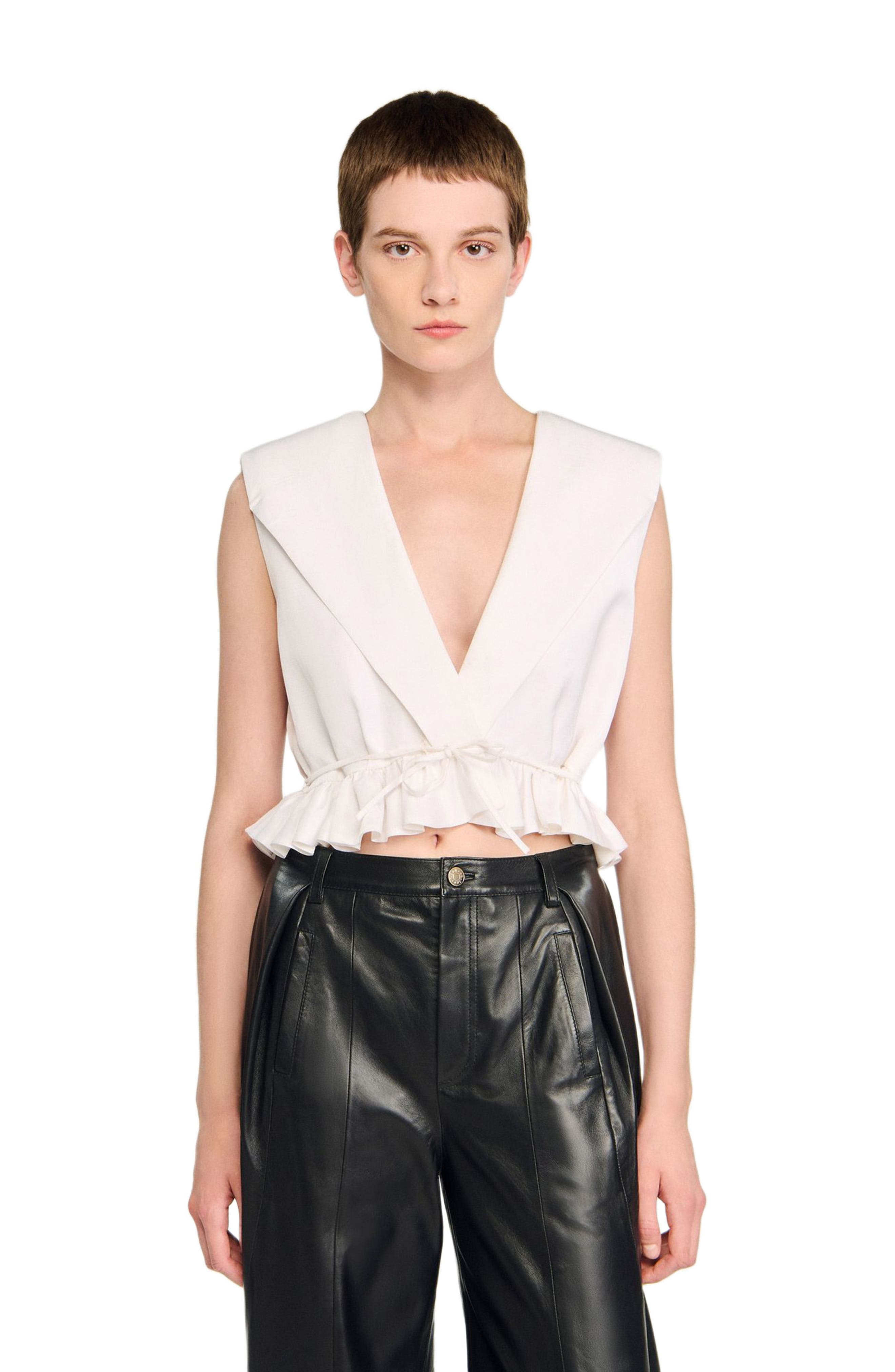 SANDRO Ruffled V-neck crop top in Ecru at Nordstrom - 3