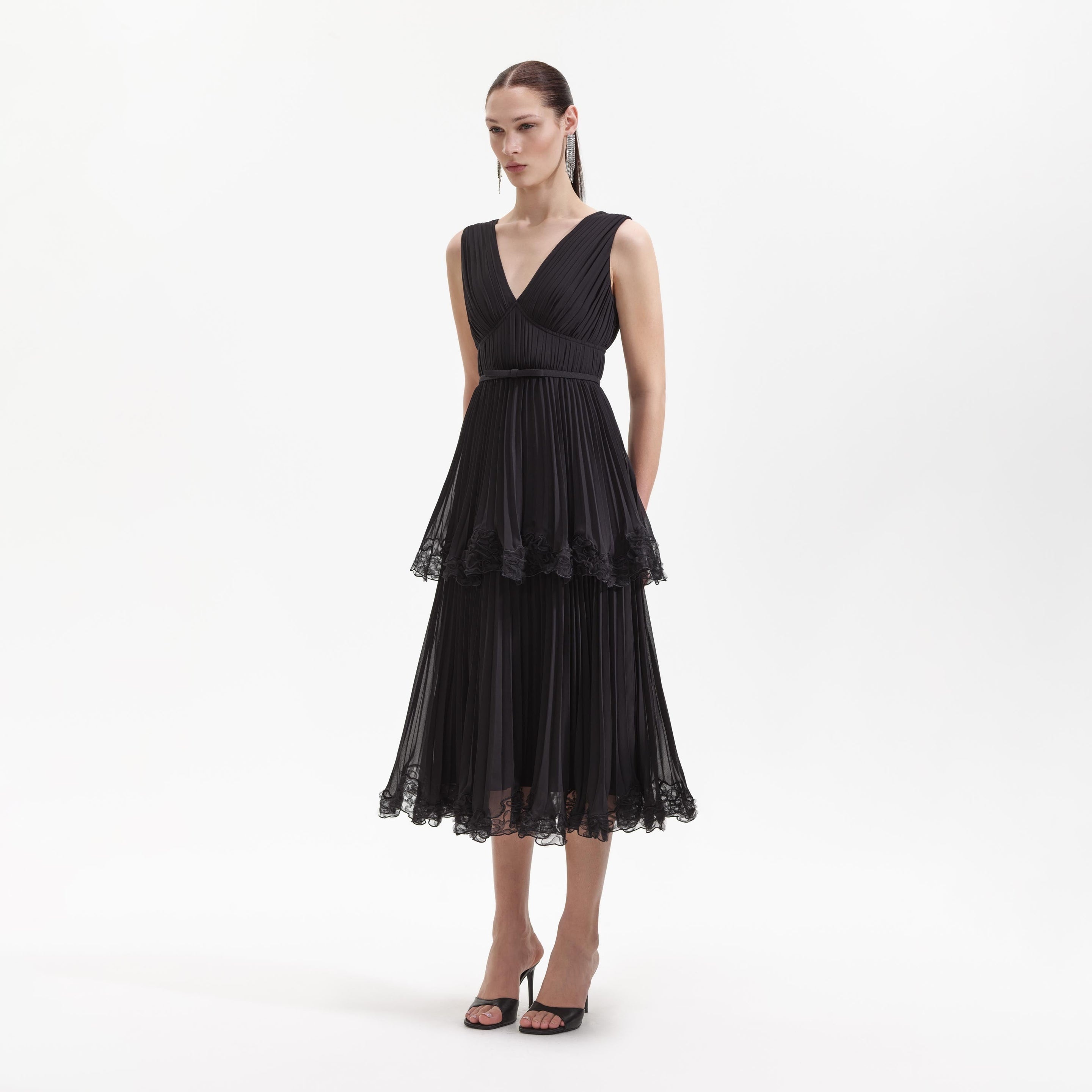 Black Chiffon Tier Midi Dress - 2