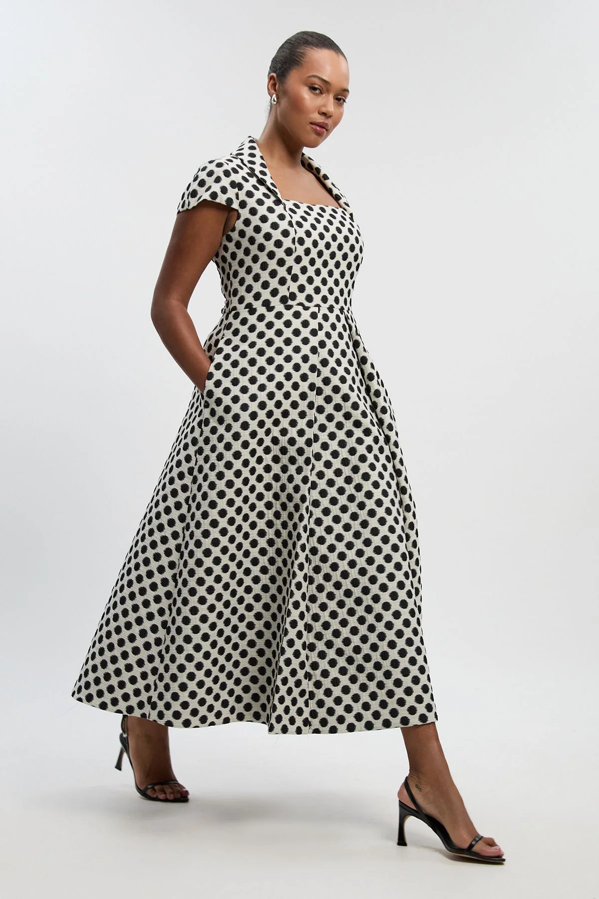 Plus Size Spot Jacquard Square Neck Tailored Full Skirted Midi Dress - 1