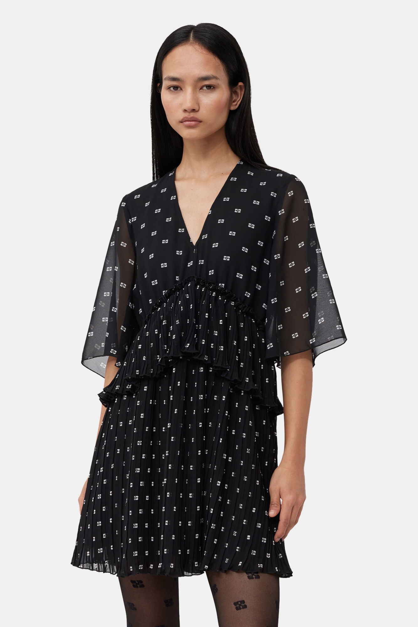 BLACK PLEATED GEORGETTE V-NECK FLOUNCE MINI DRESS - 5
