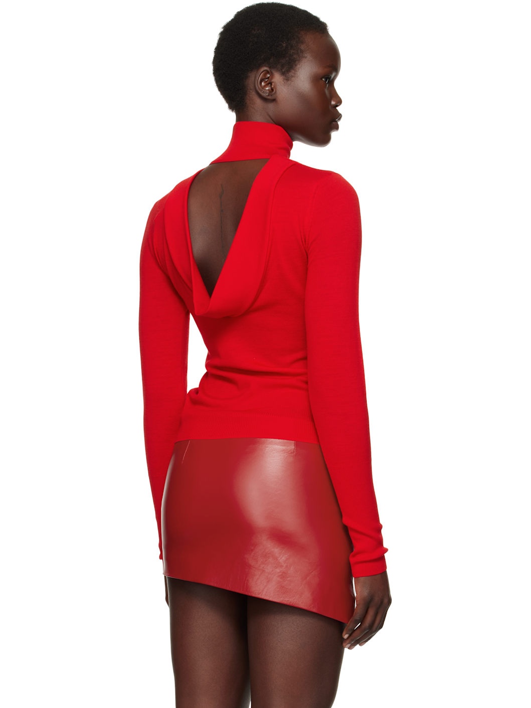 Red Wool Draped Open Back Turtleneck - 3