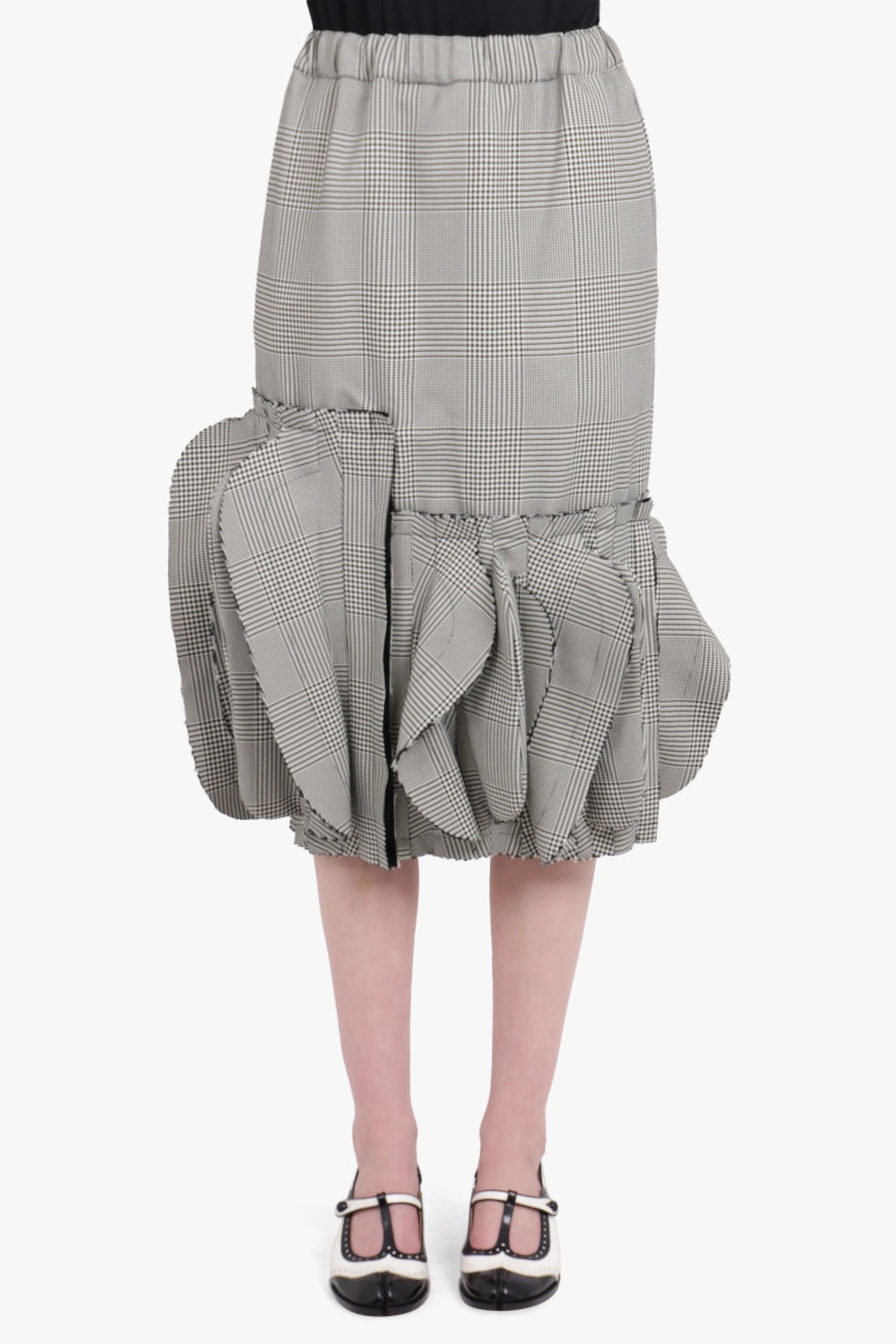 GLENCHECK PRINT ASYMMETRIC RUFFLE MIDI SKIRT | GREY - 3