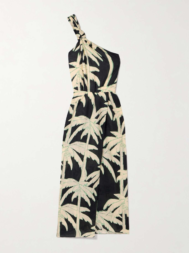 Dark Palms one-shoulder printed linen wrap-effect midi dress Black - 1