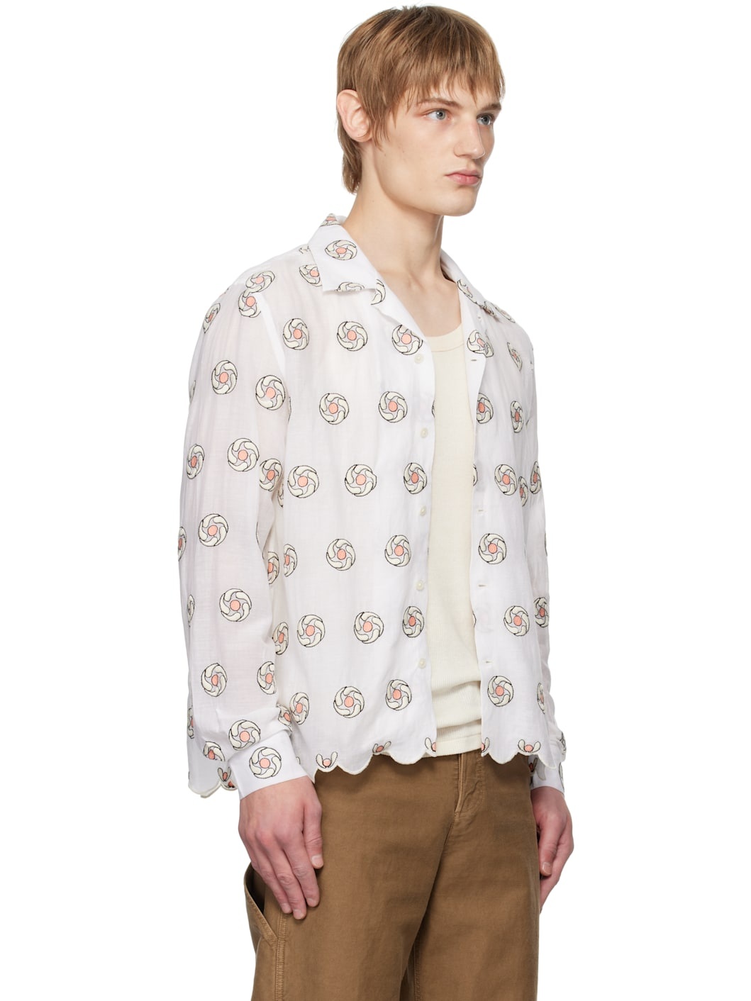 White Floral Aperture Long Sleeve Shirt - 2