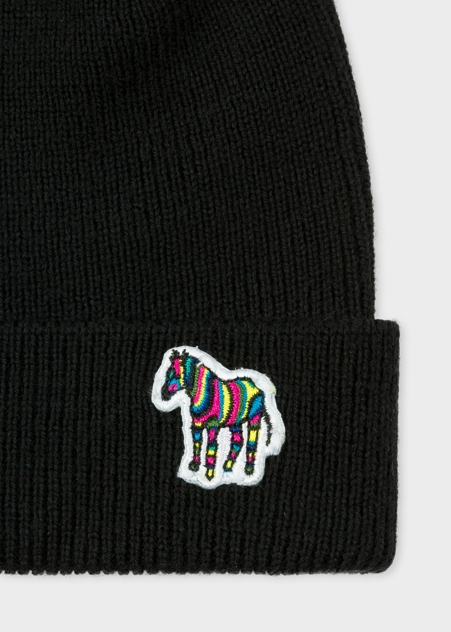Black 'Zebra' Logo Ribbed Lambswool Beanie Hat - 2