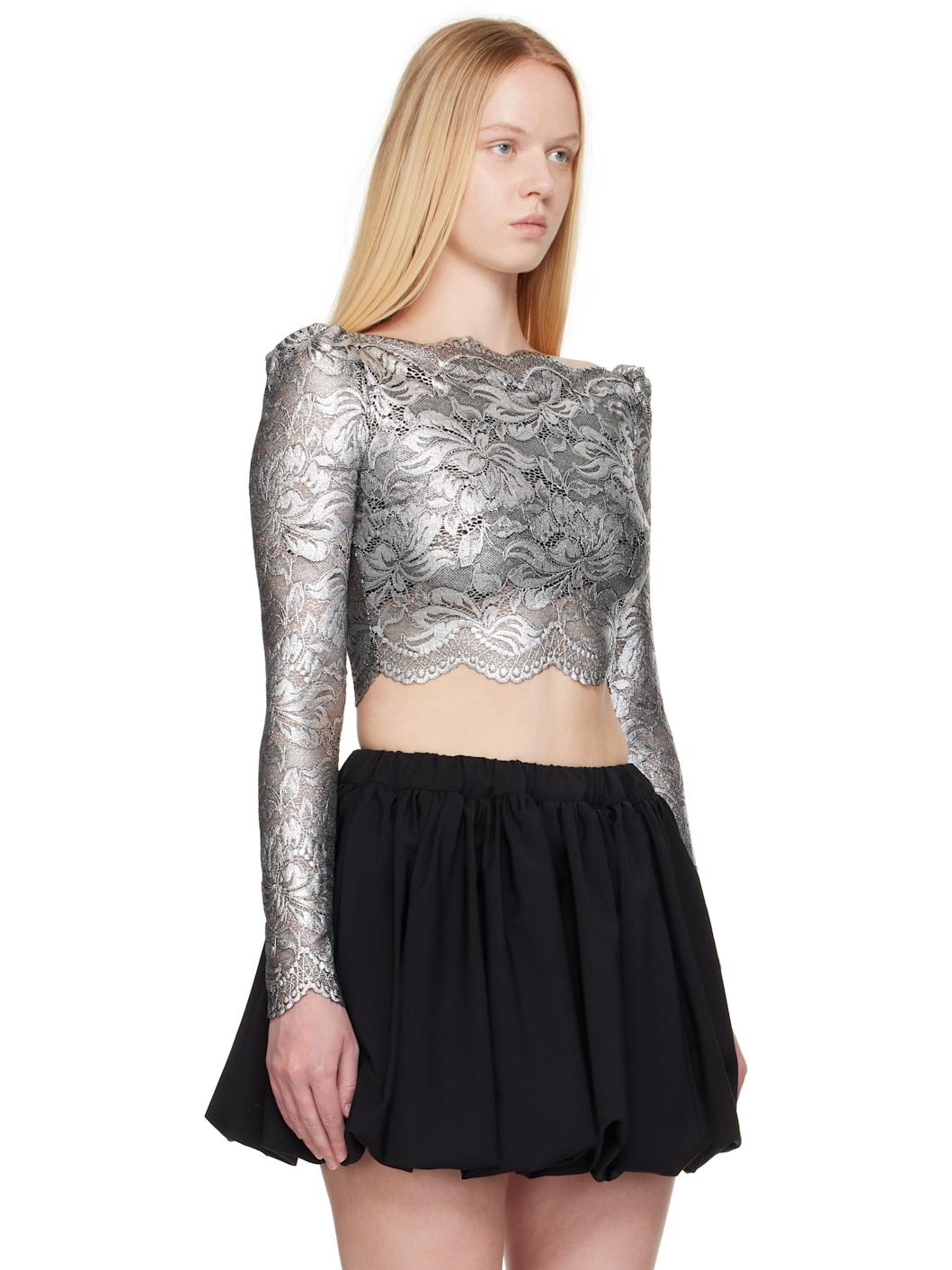 Silver Cropped Lace Top - 2