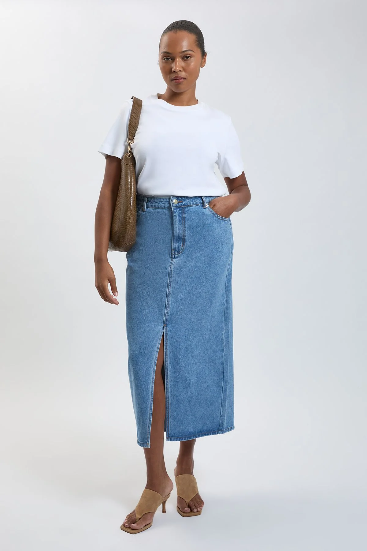 Plus Size Forever Denim 5 Pocket Midi Pencil Skirt - 1
