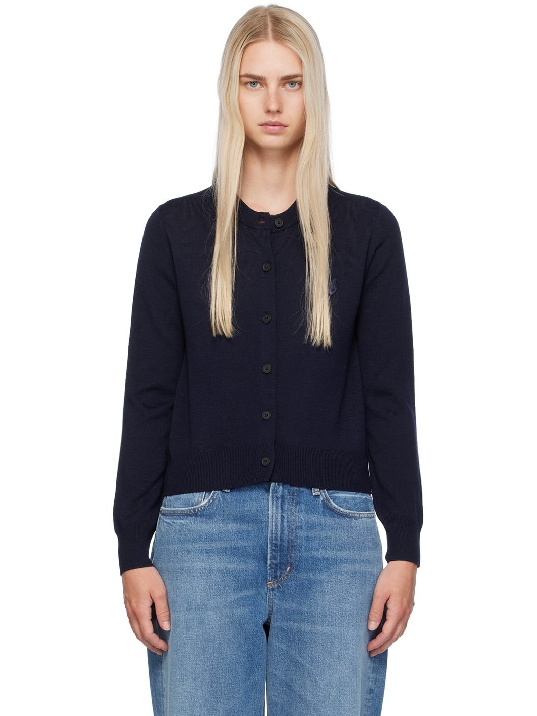 Navy Bold Fox Head Cardigan - 1