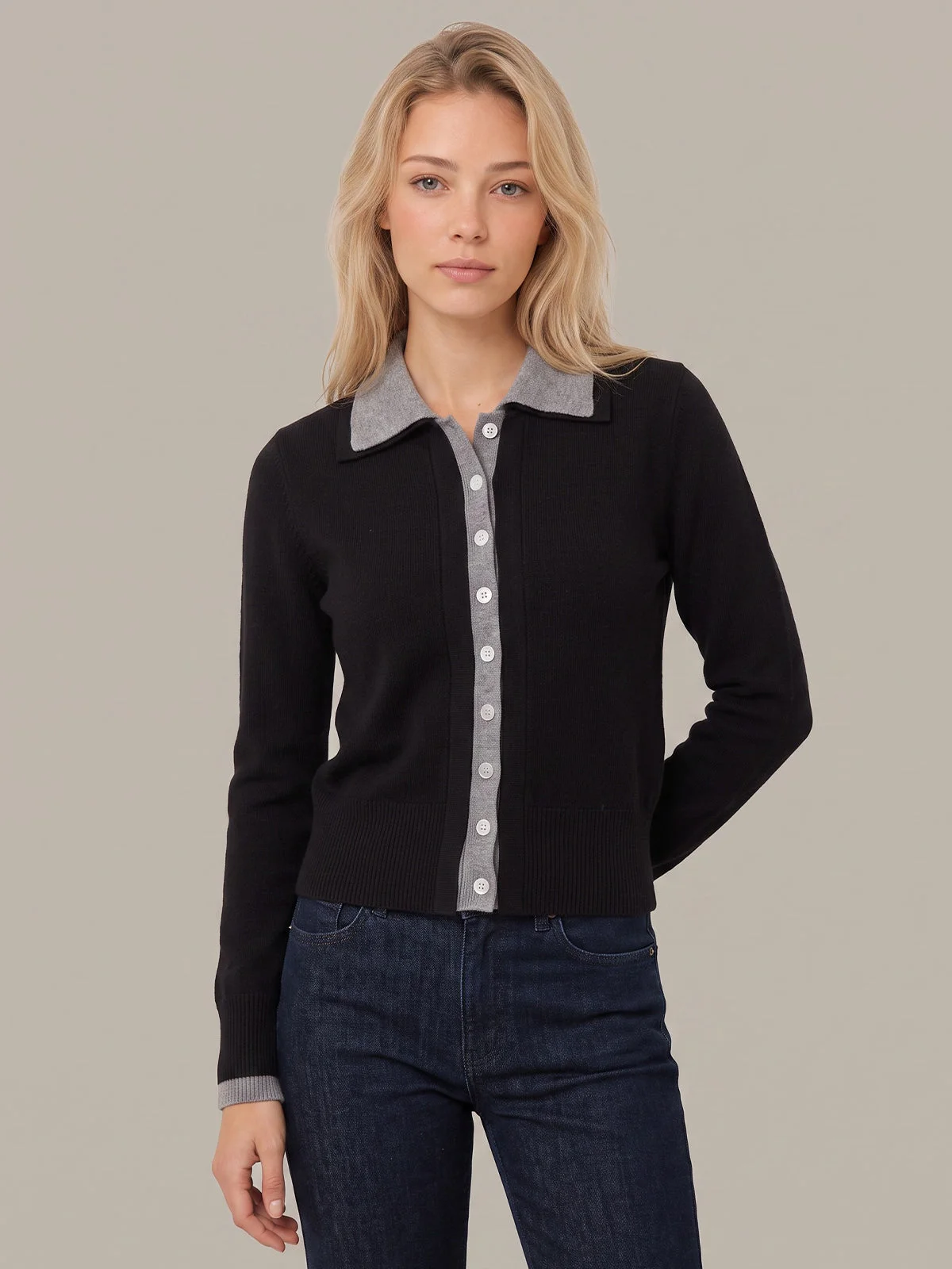 Priscilla Faux Double Layer Polo Cardigan - 1