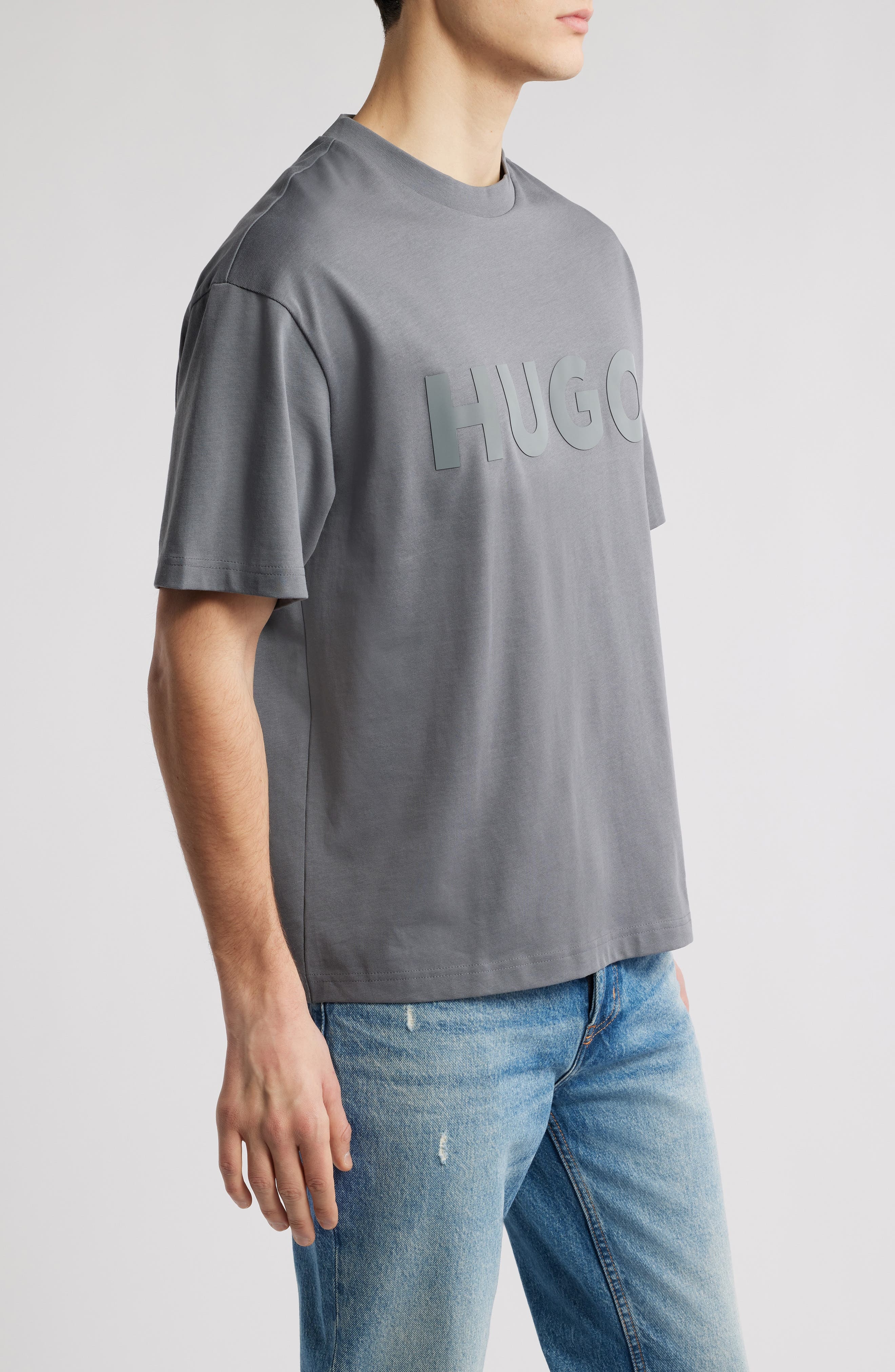 HUGO Logo Cotton Graphic T-Shirt in Open Grey at Nordstrom - 3