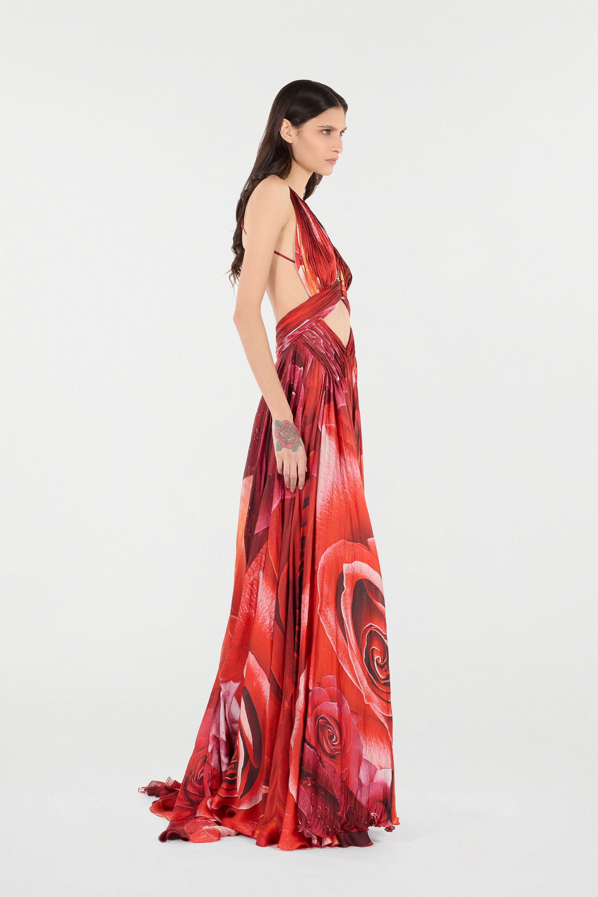 Long Dress With Rose Print And Cut-Out - 3