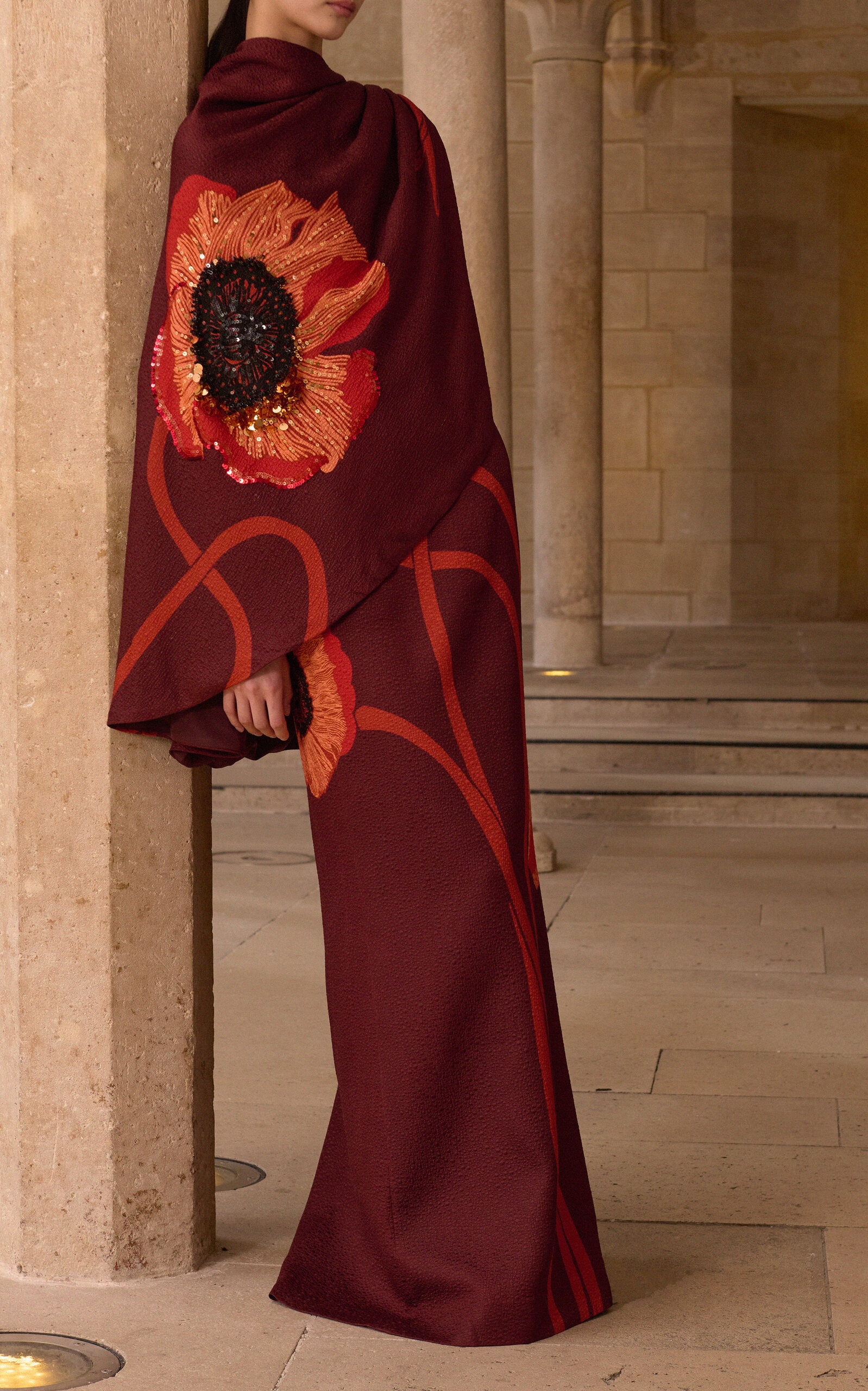 Plentiful Qualities Embellished Wool-Silk Maxi Dress burgundy - 3