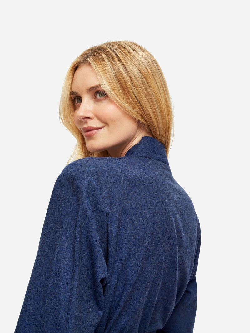 Women's Long Dressing Gown Balmoral 3 Brushed Cotton Navy 7