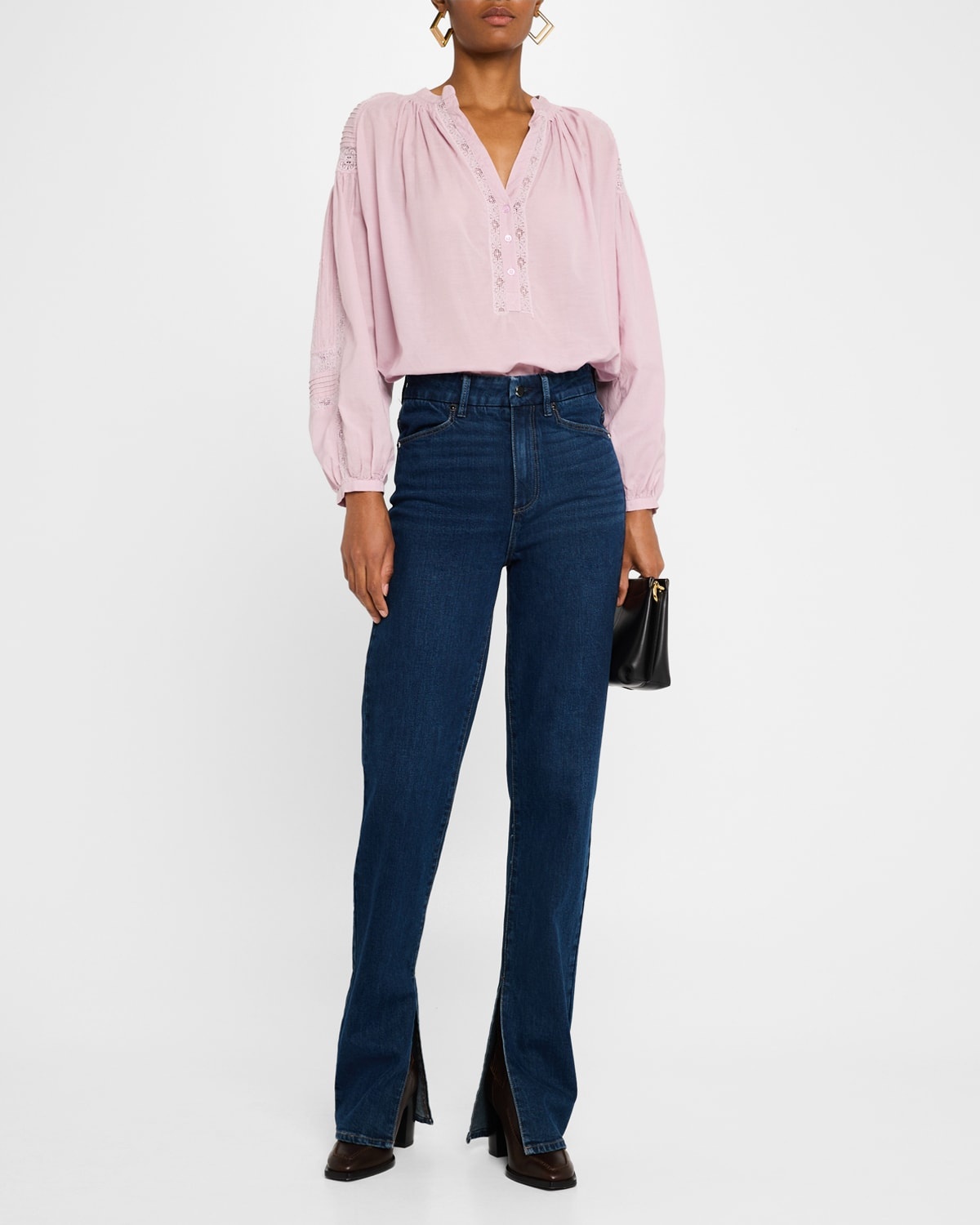 Ruched Lace-Inset Pintuck Blouse - 1