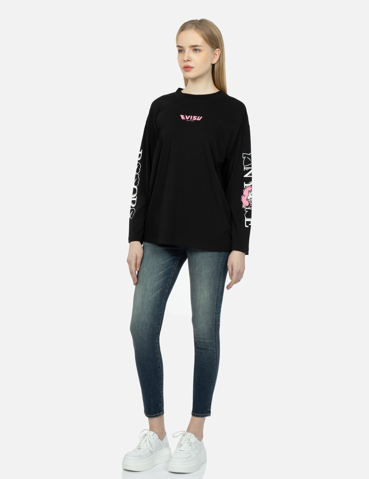 GRAFFITI DARUMA AND LOGO-PATTERN SEAGULL SKINNY JEANS - 4