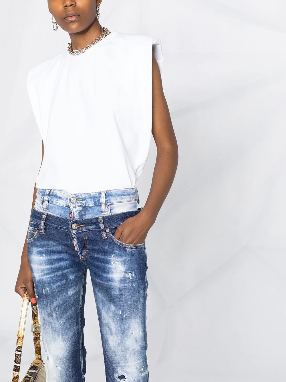 double-waist distressed jeans - 5