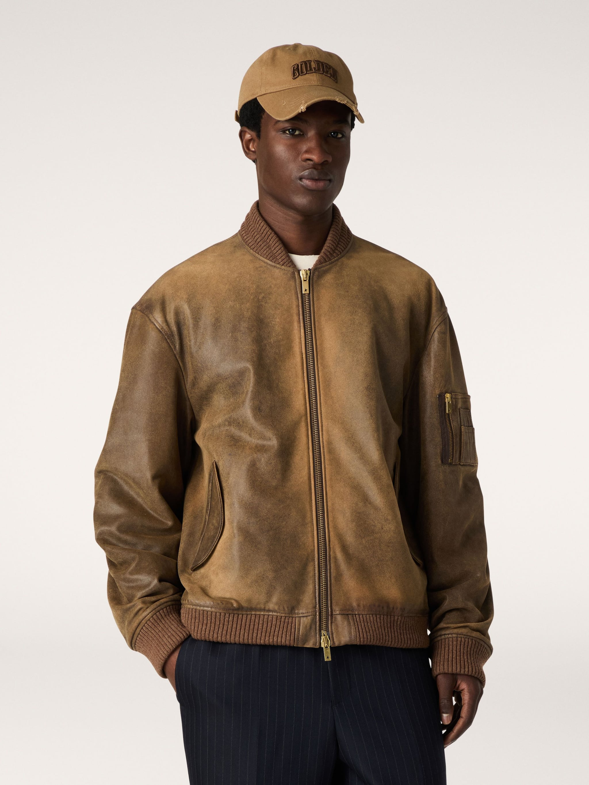 Brown leather biker jacket with a lived-in effect - 5