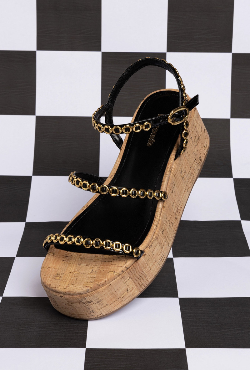 Larroudé Gio Milanina Flatform In Black Patent Leather and Natural Cork outlook