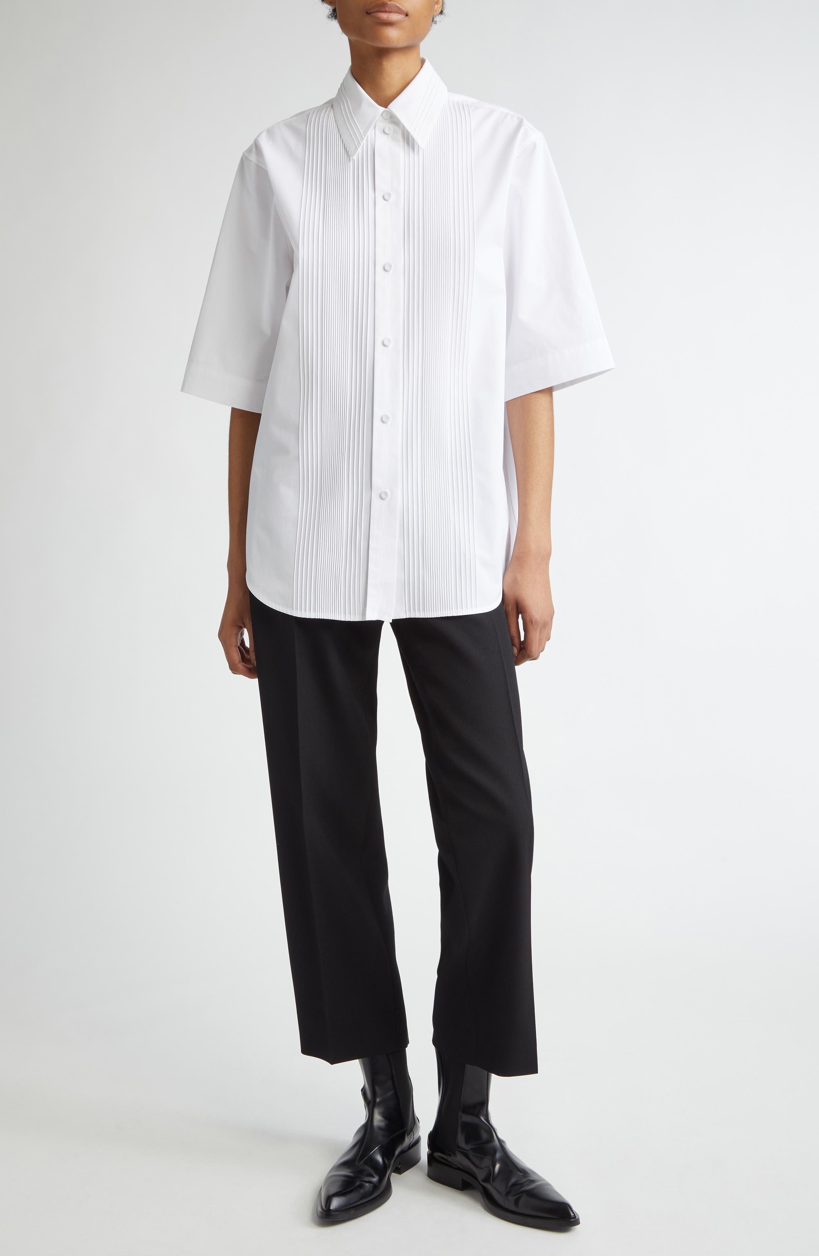 Jil Sander Pintuck Short Sleeve Cotton Button-Up Shirt in Optic White at Nordstrom - 2