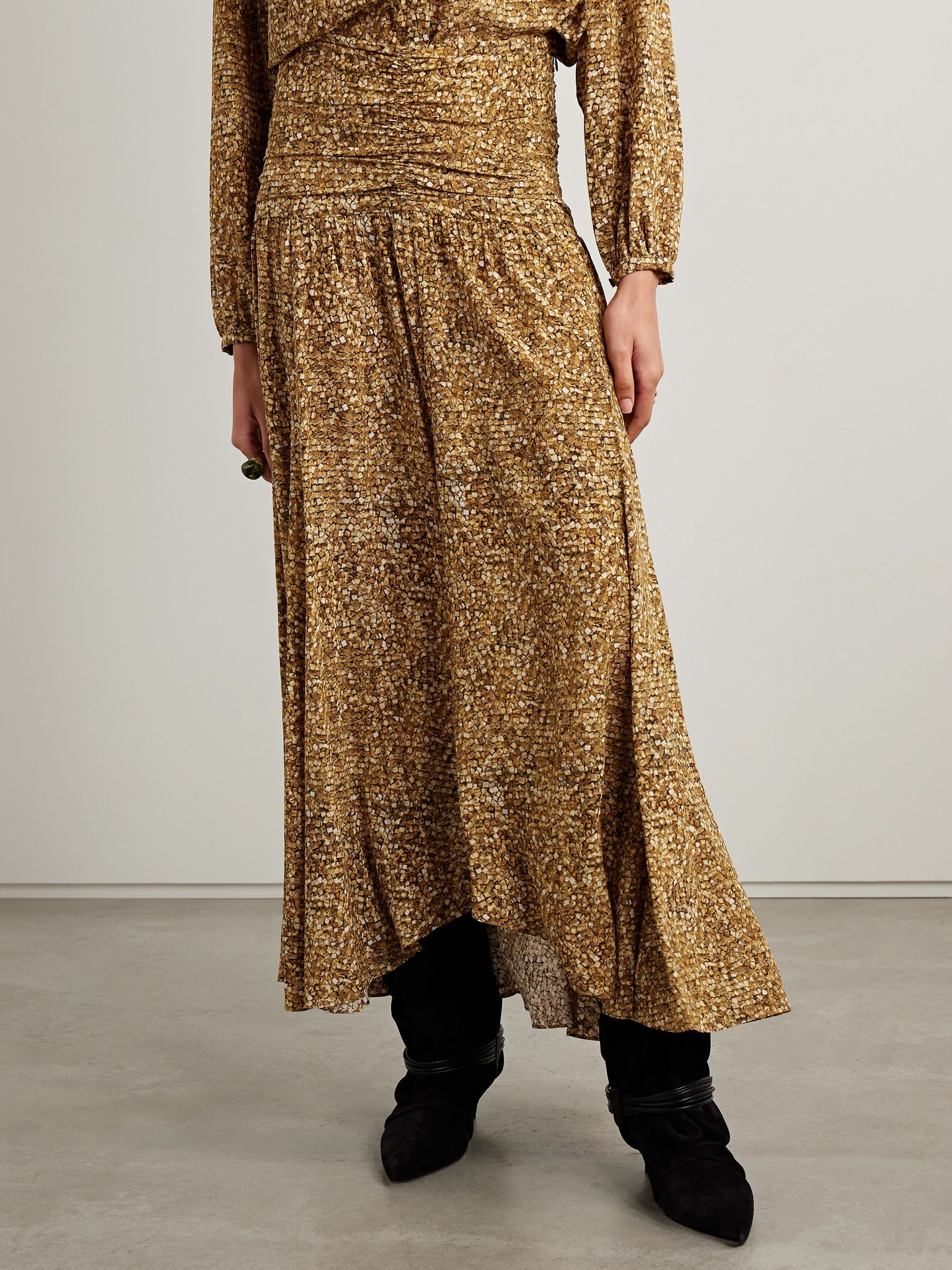 Syana ruched printed stretch-silk crepe de chine maxi skirt Brown - 3