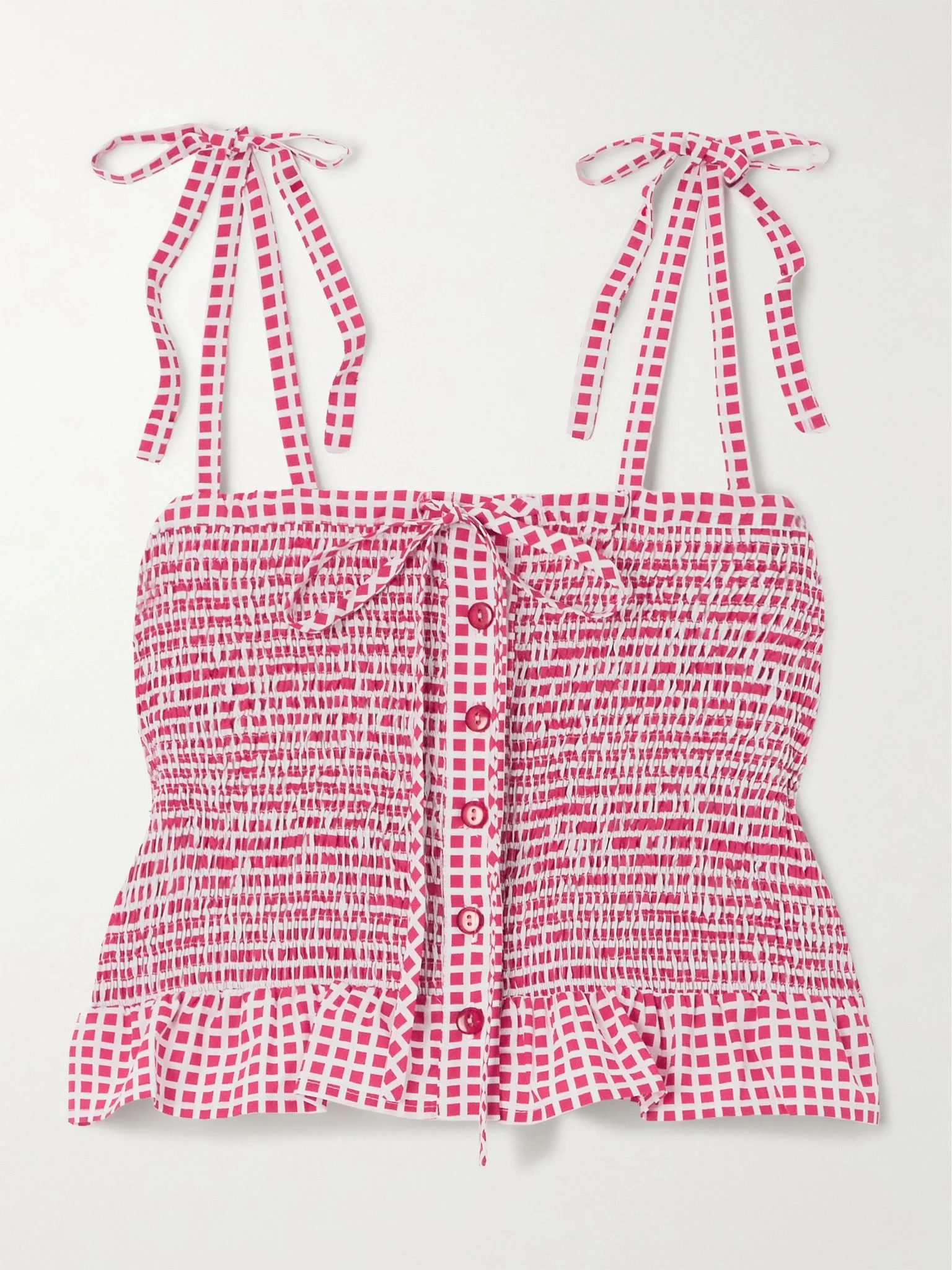 Shirred checked cotton-poplin top Red - 1