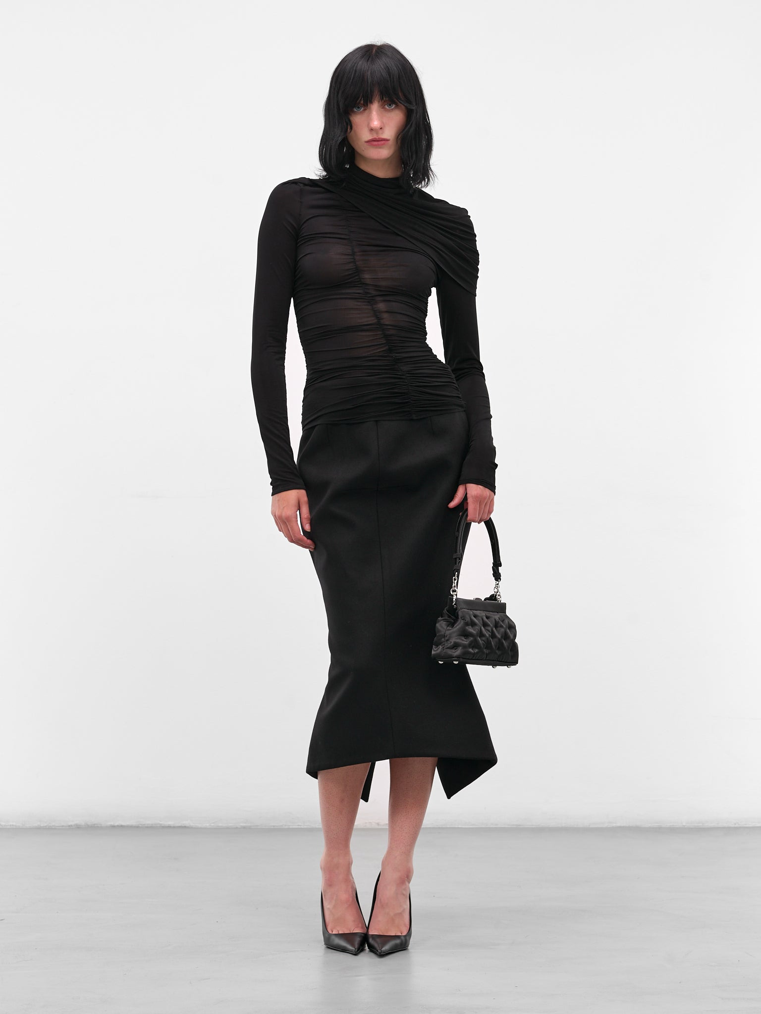 Black Mesh Ruched Cape Blouse - 6