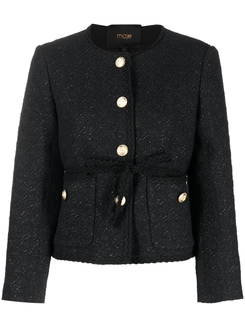 belted metallic-threading tweed jacket - 1