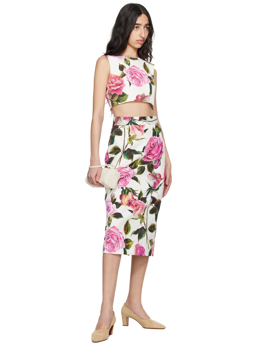 White Rose Printed Pencil Midi Skirt - 4