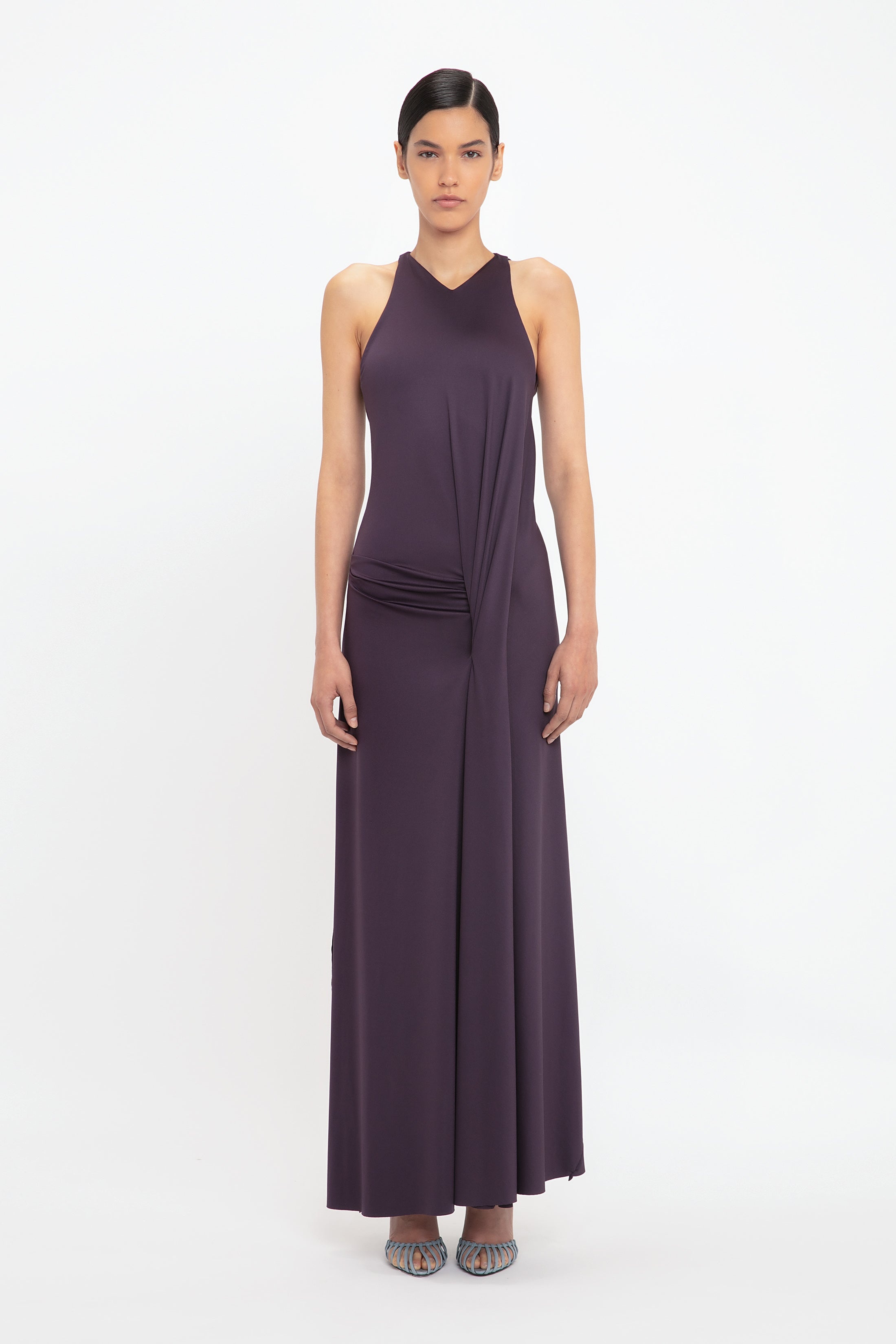Sleeveless Drape Front Gown In Fig - 2