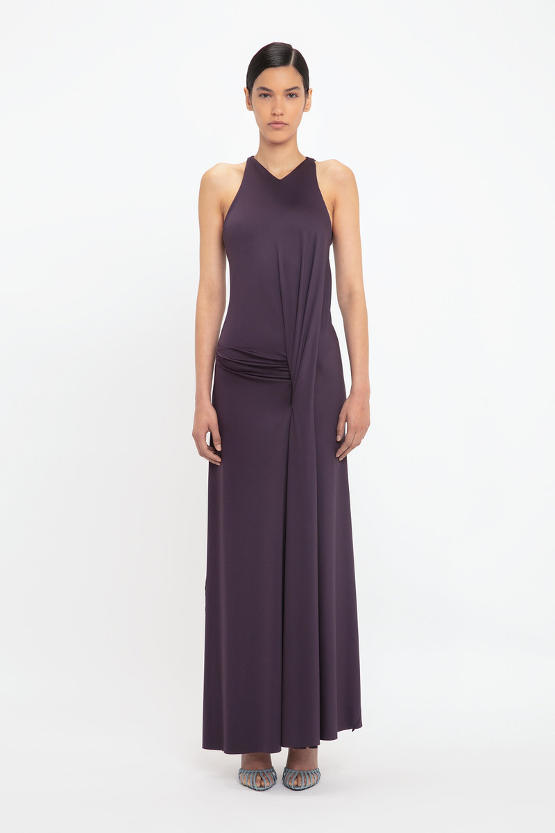 Victoria Beckham Sleeveless Drape Front Gown In Fig outlook