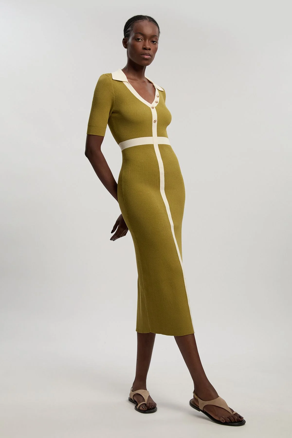 Knit Rib With Contrast Waist Detail Collared Short Sleeve Midi Dress - 1