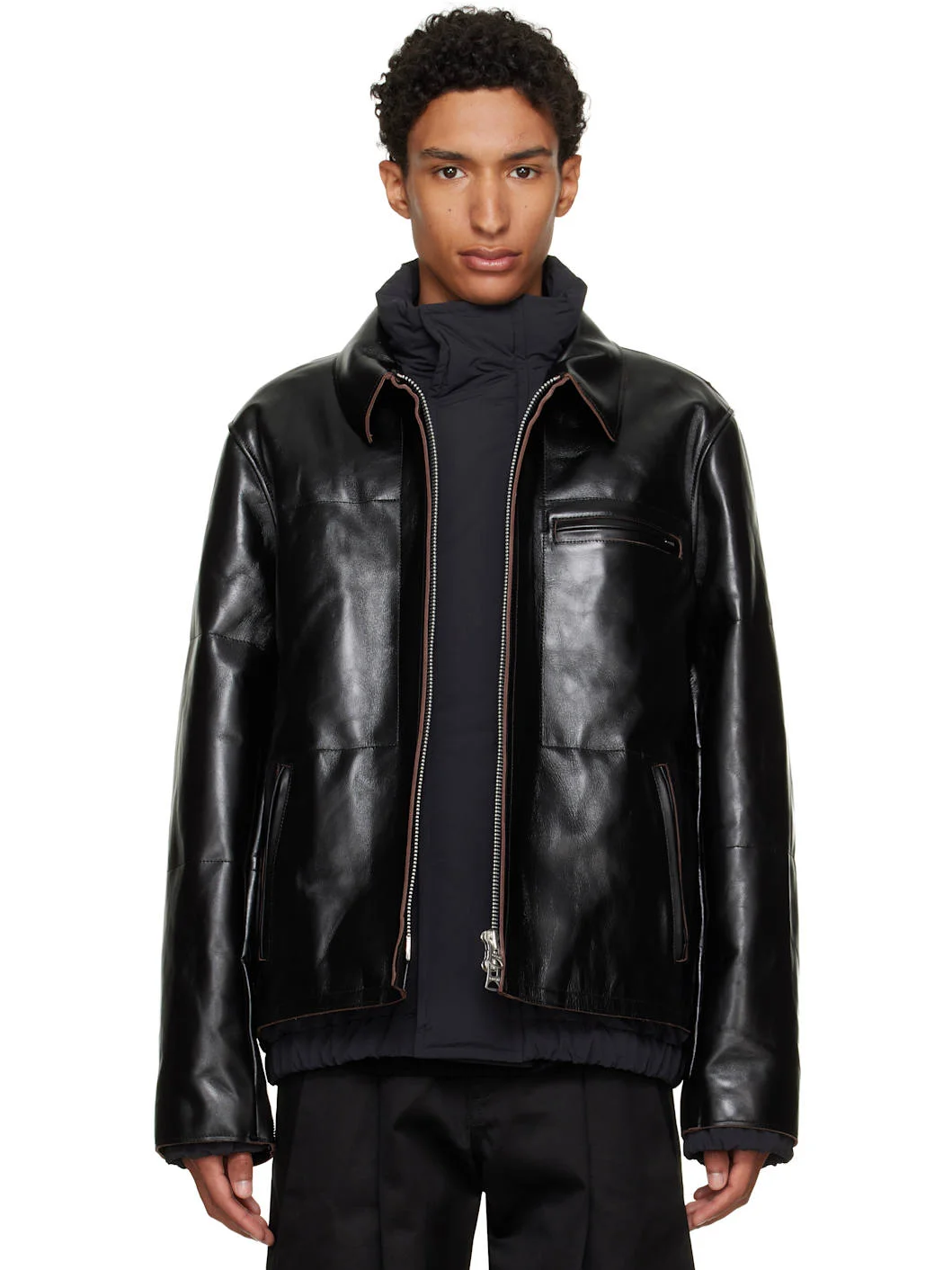 Black Down Leather Blouson Jacket - 1