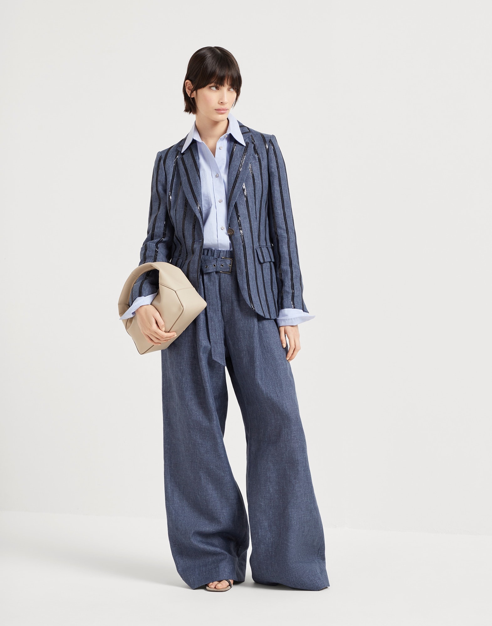 Denim effect linen blazer with dazzling stripe embroidery - 5