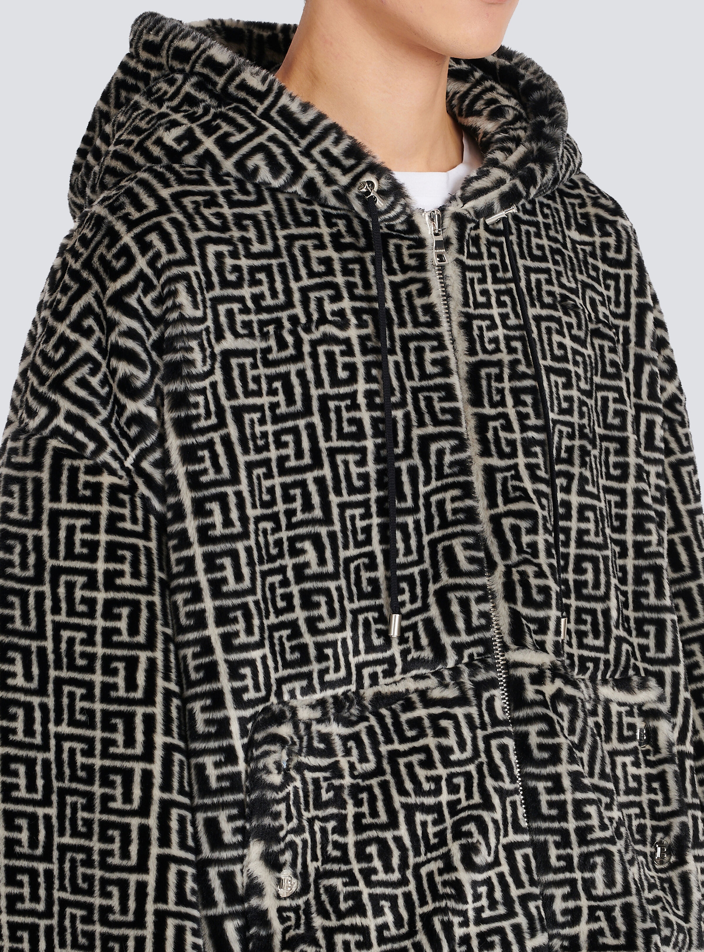 Hooded faux fur sweatshirt with Balmain monogram - 8